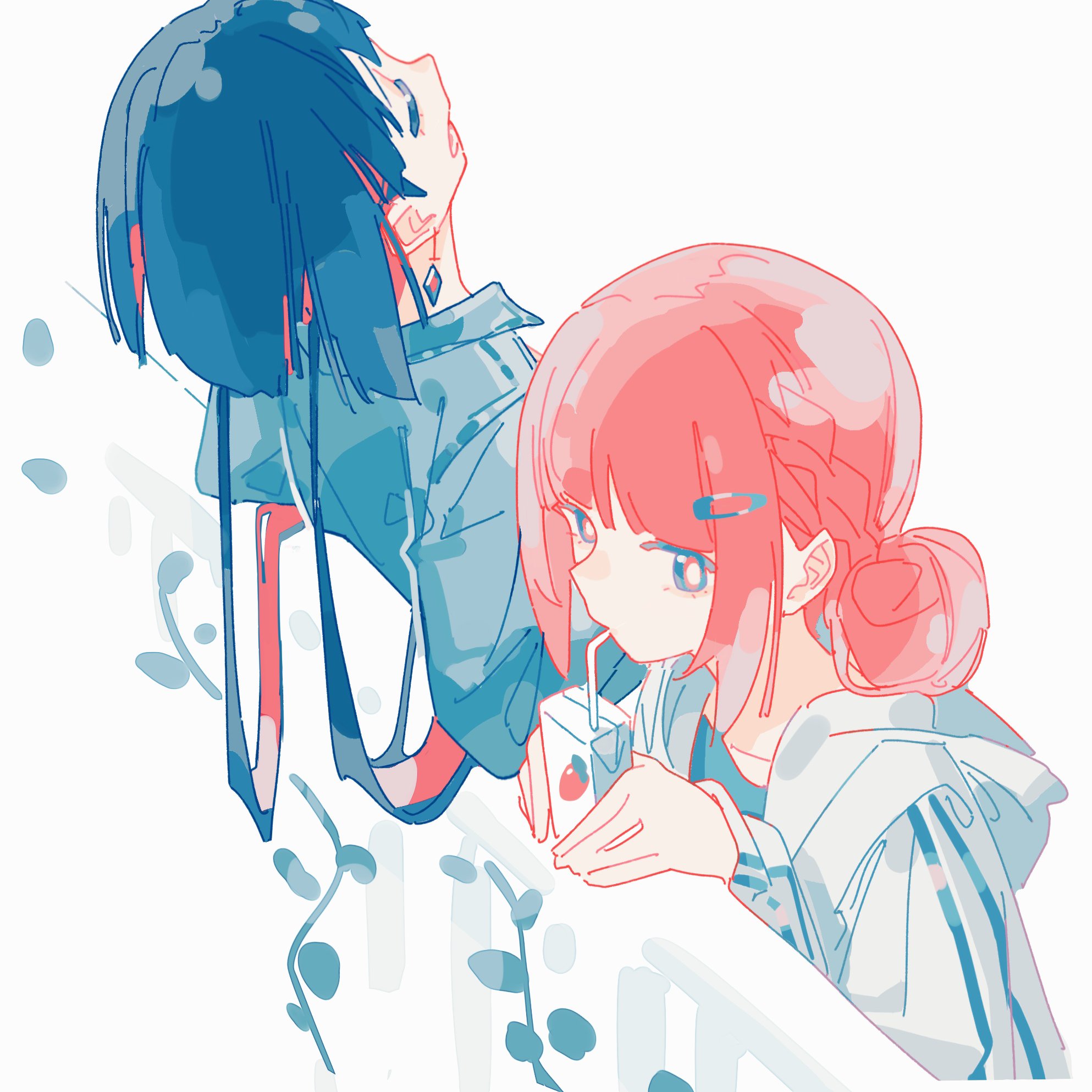 fagun yibei, kaf (kamitsubaki studio), rim (kamitsubaki studio), kamitsubaki studio, highres, 2girls, against railing, blue eyes, blue hair, blue shirt, closed eyes, collared shirt, colored inner hair, diamond-shaped pupils, diamond (shape), double bun, drinking, drinking straw, drinking straw in mouth, grey jacket, hair bun, hair ornament, hairclip, holding juice box, hood, hood down, hooded jacket, jacket, long hair, multicolored hair, multiple girls, open mouth, pink hair, railing, shirt, short hair, sidelocks, symbol-shaped pupils, virtual youtuber, white background, yellow pupils