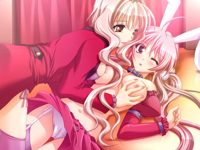kanna (plum), hiura youko, reijou club, game cg, tagme, 2girls, animal ears, cameltoe, fake animal ears, grabbing another's breast, groping, multiple girls, navel, one eye closed, rabbit ears, yuri