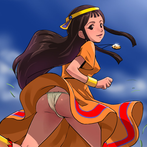 haruyama kazunori, zia, taiyou no ko esteban, 1980s (style), lowres, 1girl, ass, black hair, clothes lift, female focus, headband, jewelry, long hair, oldschool, panties, pantyshot, pendant, retro artstyle, skirt, skirt lift, solo, underwear, upskirt