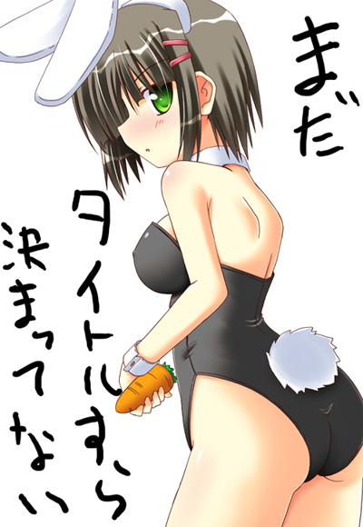 lask, aizawa sakuya, hayate no gotoku!, translated, 00s, 1girl, animal ears, ass, bare legs, black hair, carrot, fake animal ears, female focus, green eyes, playboy bunny, rabbit ears, short hair, solo