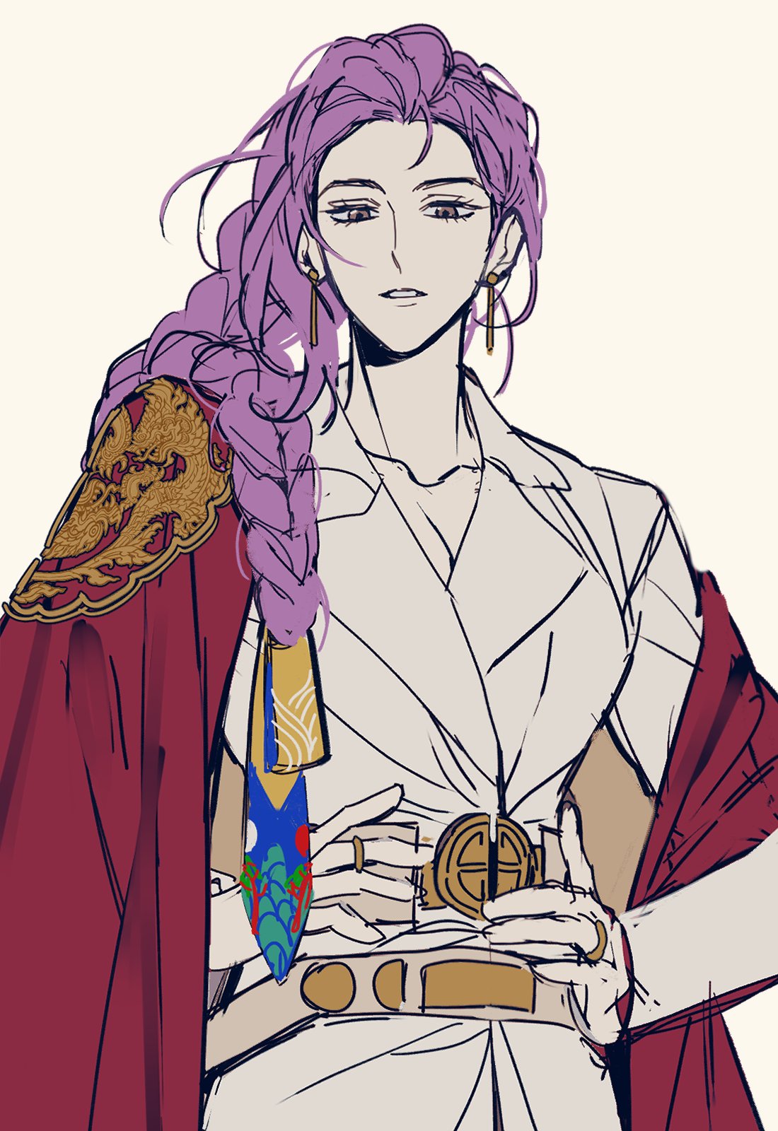 gugusam0, rumi (kpop demon hunters), kpop demon hunters, commentary request, highres, korean commentary, 1girl, braid, braided ponytail, brown eyes, cowboy shot, earrings, eyelashes, hands on own hips, jacket, jewelry, parted lips, ring, sash, side ponytail, simple background, white background, white jacket