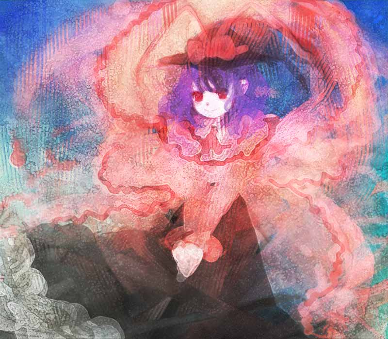 katari, nagae iku, touhou, bad id, bad pixiv id, 1girl, female focus, hat, purple hair, red eyes, ribbon, solo, standing