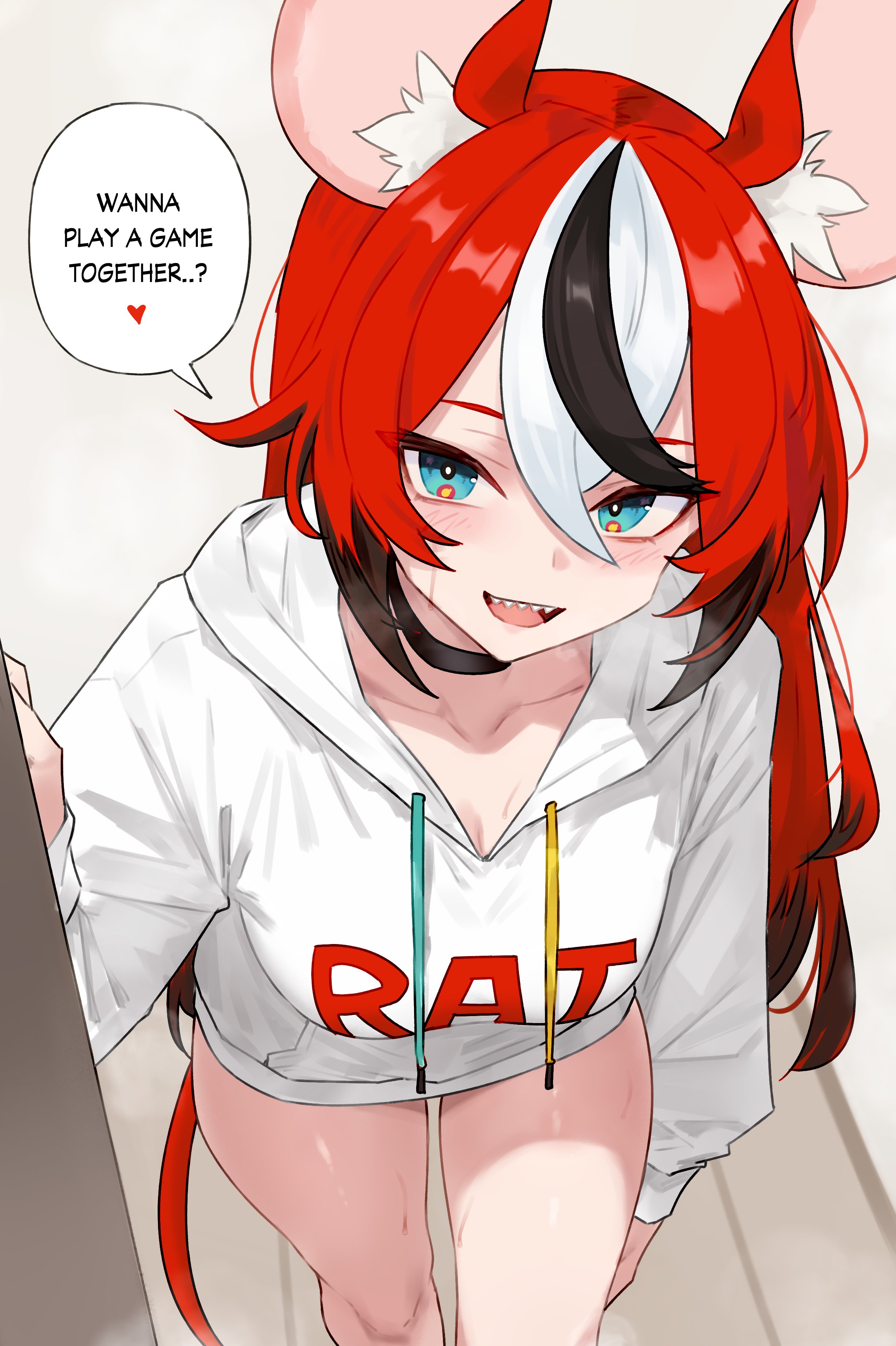bluefield, hakos baelz, hololive, hololive english, absurdres, highres, 1girl, black choker, black hair, blue eyes, breasts, choker, cleavage, collarbone, english text, grey background, hair between eyes, long hair, looking at viewer, medium breasts, mouse girl, mouse tail, multicolored hair, open mouth, red hair, sharp teeth, smile, solo, speech bubble, tail, teeth, virtual youtuber, white hair