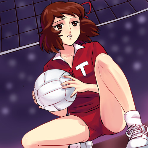 haruyama kazunori, mimi hijiri, ashita e attack, lowres, 1970s (style), ball, blouse, buruma, oldschool, red shirt, retro artstyle, shirt, shoes, solo, volleyball, volleyball (object), white shoes