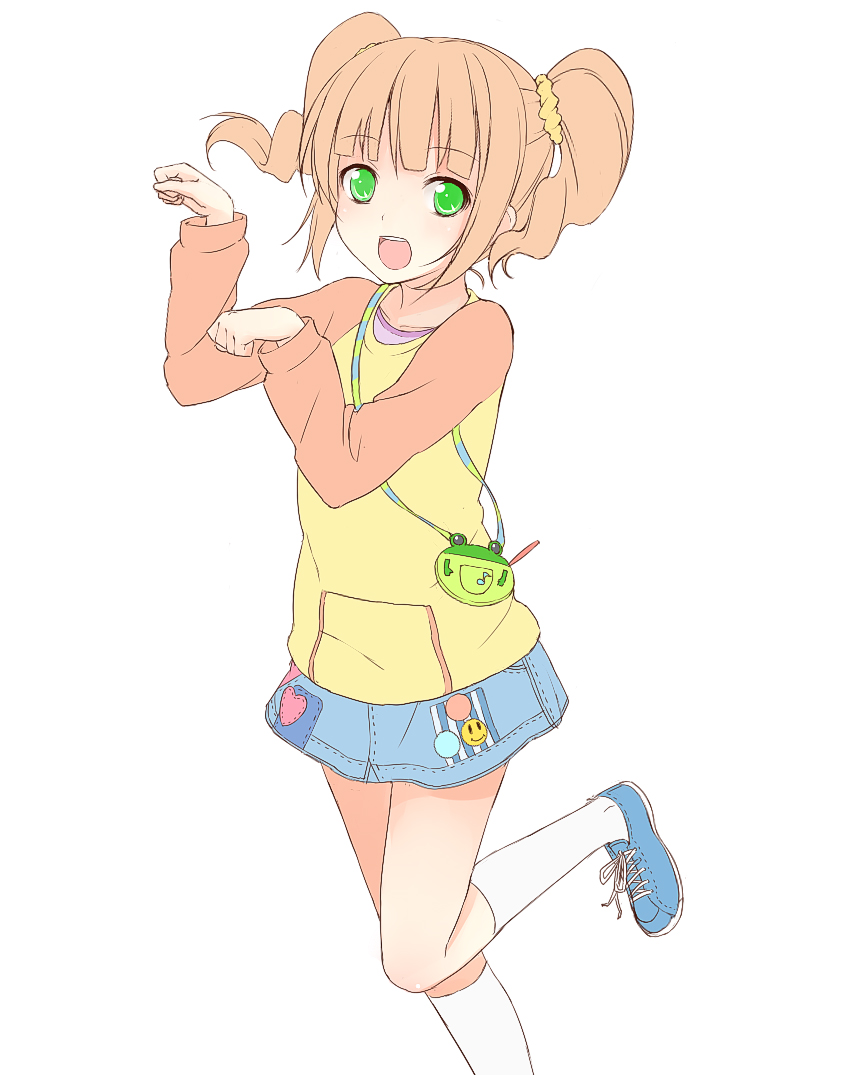 nnyu, takatsuki yayoi, idolmaster, idolmaster (classic), idolmaster 1, bad id, bad pixiv id, 00s, 1girl, brown hair, female focus, green eyes, paw pose, raglan sleeves, short hair, short twintails, simple background, skirt, socks, solo, twintails