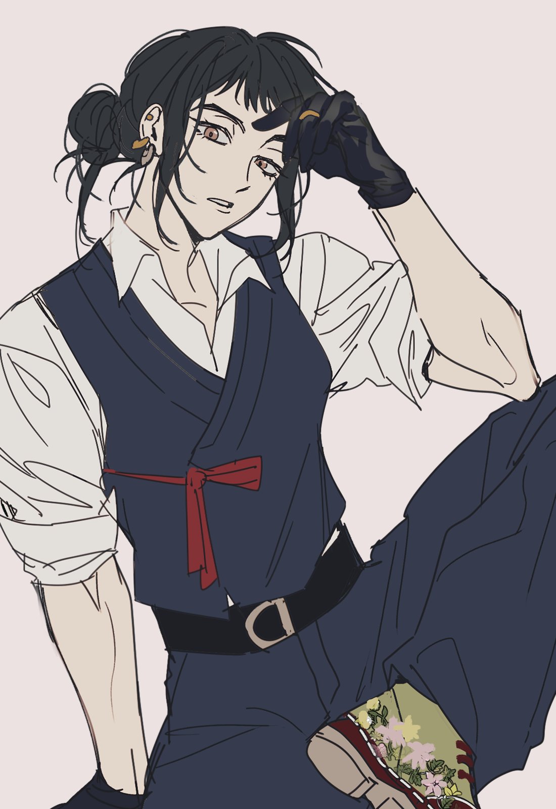 gugusam0, zoey (kpop demon hunters), kpop demon hunters, commentary request, highres, korean commentary, 1girl, belt, black belt, black gloves, black hair, blunt bangs, brown eyes, collared shirt, double bun, earrings, eyelashes, gloves, hair bun, jewelry, sash, shirt, short bangs, simple background, sitting, solo, white shirt