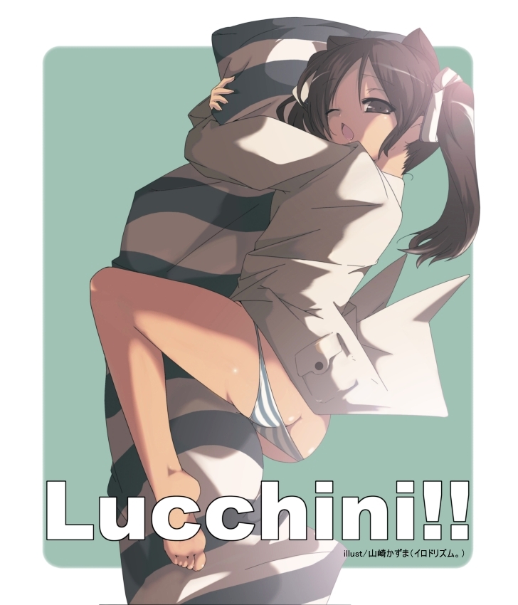yamazaki kazu, francesca lucchini, strike witches, world witches series, bad id, bad pixiv id, 00s, 1girl, ass, barefoot, brown eyes, brown hair, butt crack, feet, female focus, hugging object, lowleg, lowleg panties, one eye closed, panties, pillow, pillow hug, soles, solo, striped clothes, striped panties, toes, twintails, underwear, wink