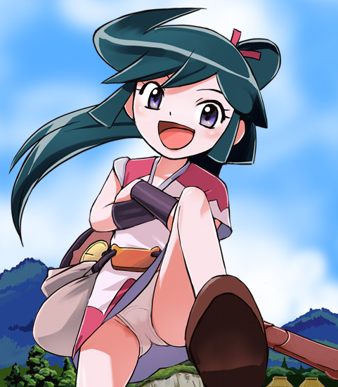 haruyama kazunori, machi (hiwou), karakuri kiden hiwou senki, 1girl, cloud, crossed arms, female focus, flat chest, happy, loli, long hair, looking at viewer, open mouth, outdoors, panties, ponytail, sky, smile, solo, underwear