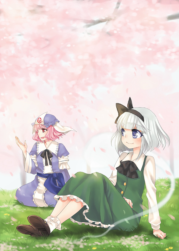 midori (green tea), midori (pixiv), konpaku youmu, konpaku youmu (ghost), saigyouji yuyuko, touhou, bad id, bad pixiv id, 2girls, arm support, blue eyes, blunt bangs, bob cut, bobby socks, cherry blossoms, female focus, grass, hairband, hat, multiple girls, petals, pink eyes, pink hair, short hair, sitting, smile, socks, white hair