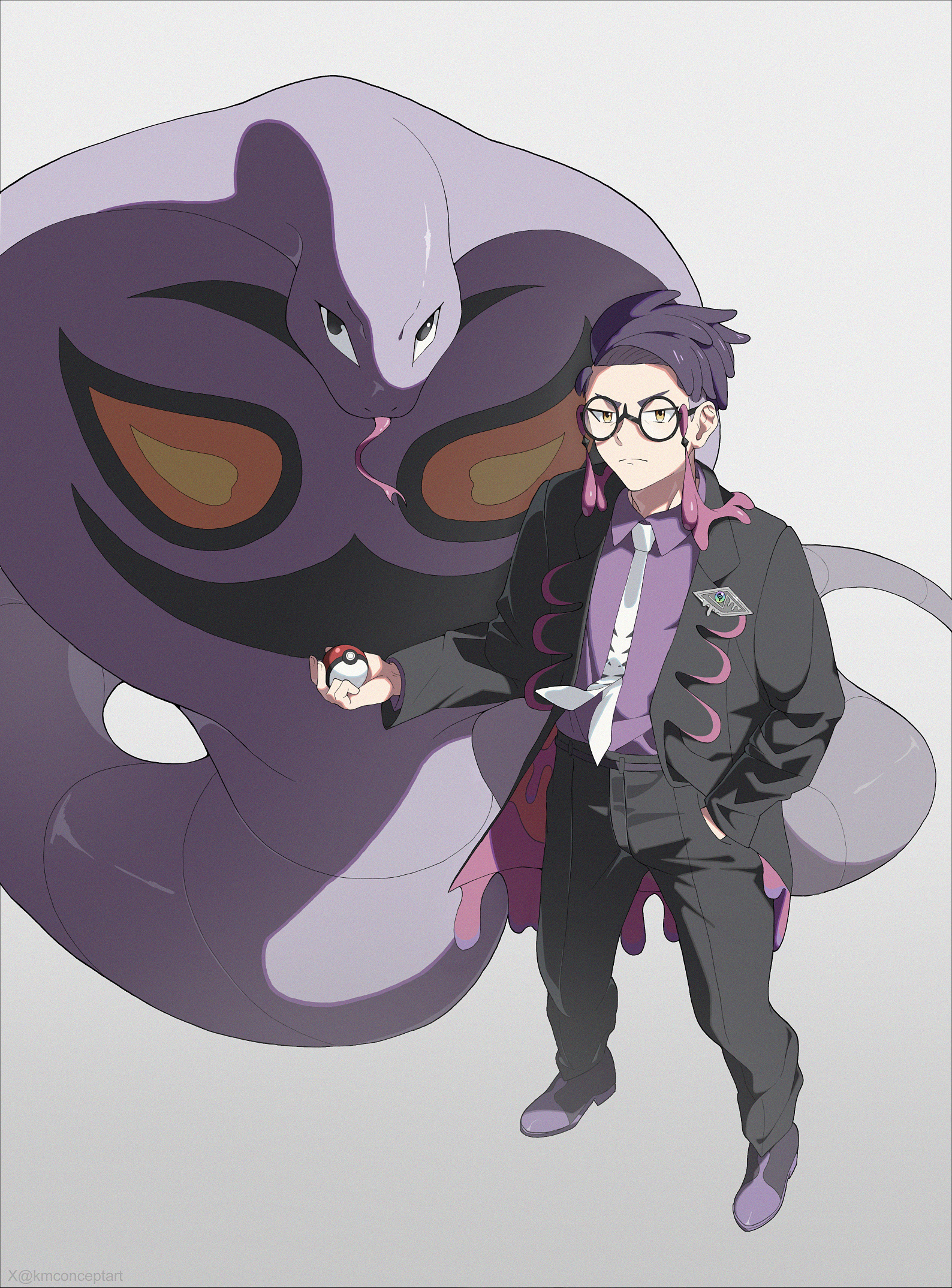 kmconceptart, arbok, corbeau (pokemon), nintendo, pokemon, pokemon legends: z-a, highres, 1boy, black-framed eyewear, black hair, black jacket, black pants, closed mouth, cobra (animal), collared shirt, eyewear strap, forked tongue, gen 1 pokemon, glasses, holding, holding poke ball, jacket, long sleeves, looking at viewer, male focus, necktie, open clothes, open jacket, pants, parted hair, poke ball, poke ball (basic), pokemon (creature), purple hair, purple shirt, round eyewear, shirt, shoes, short hair, short sideburns, simple background, snake, tongue, white necktie, yellow eyes