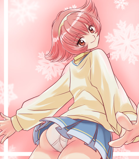 haruyama kazunori, awayuki himeno, pretear, 00s, 1girl, ass, brown eyes, female focus, flipped hair, panties, pantyshot, pink hair, pleated skirt, school uniform, skirt, smile, solo, underwear, upskirt, white panties