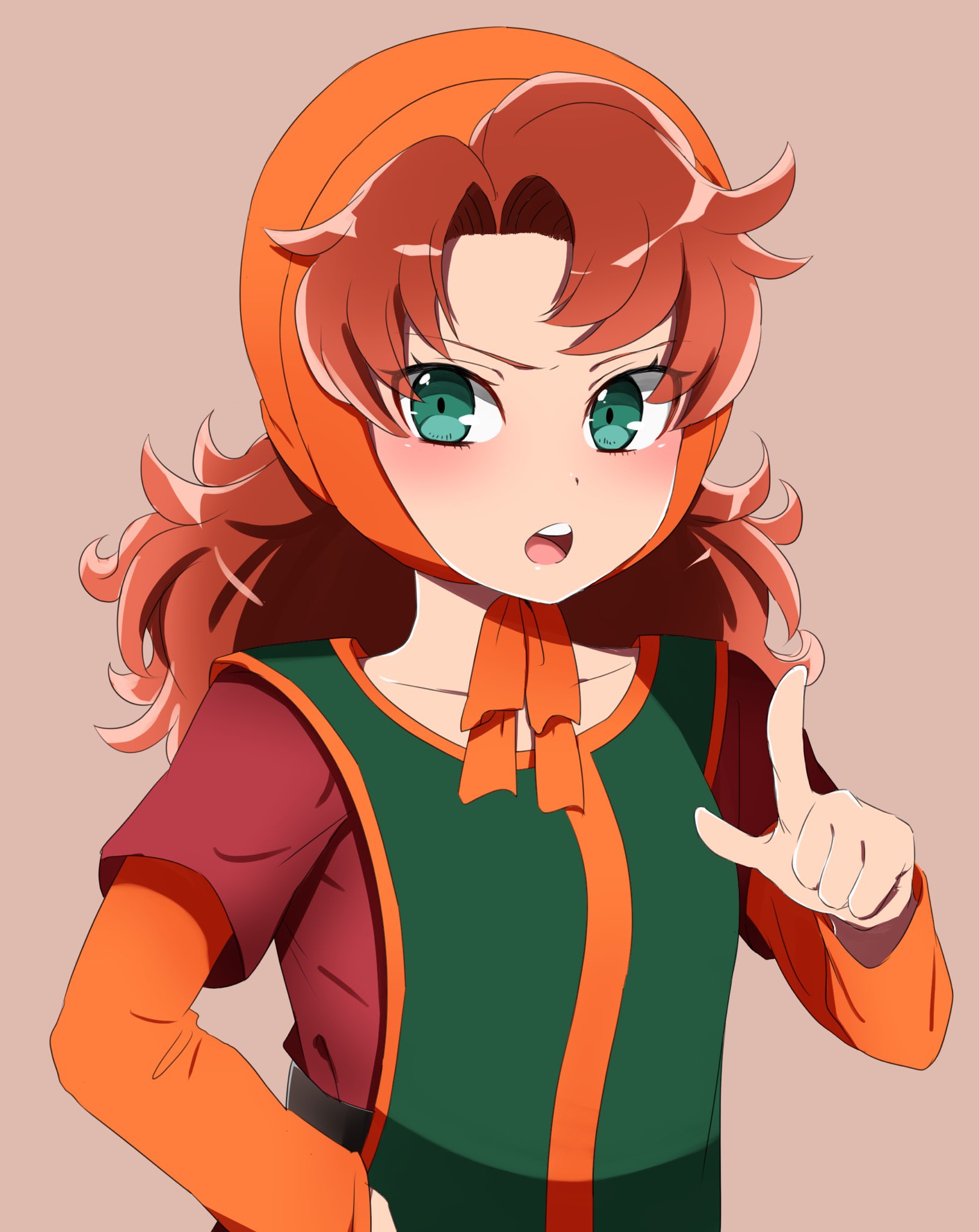 haniwa (8241427), maribel (dq7), dragon quest, dragon quest vii, highres, 1girl, curly hair, dress, hood, index finger raised, long hair, looking at viewer, open mouth, red hair, simple background, solo