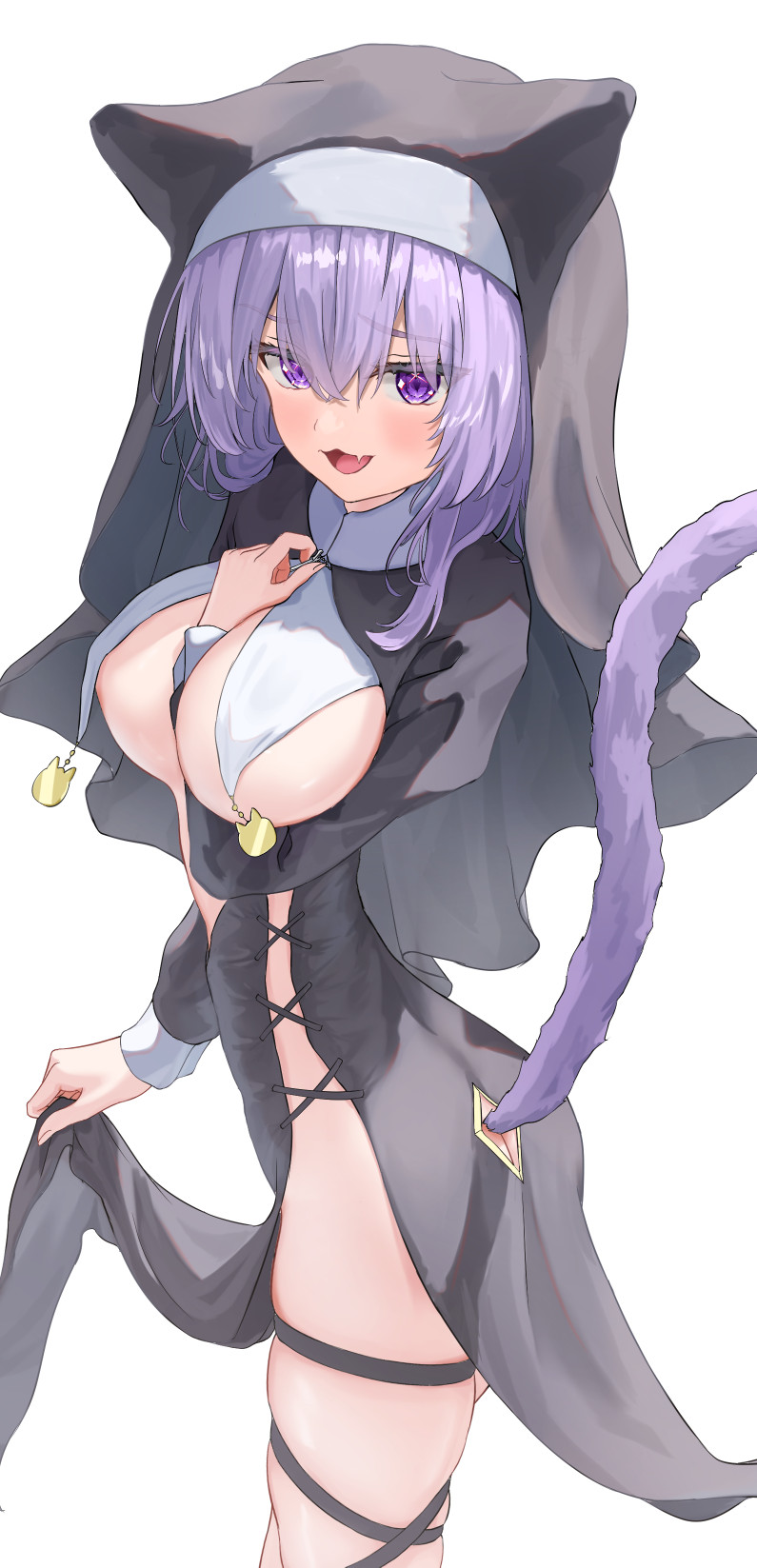 yuno usagi, nekomata okayu, hololive, highres, 1girl, animal ears, arm between breasts, between breasts, black dress, black hat, blush, breasts, cat ears, cat girl, cat tail, clothes lift, dress, dress lift, fang, hat, large breasts, lifting own clothes, looking at viewer, medium hair, nun, open mouth, purple eyes, purple hair, skin fang, smile, solo, tail, thigh strap, virtual youtuber