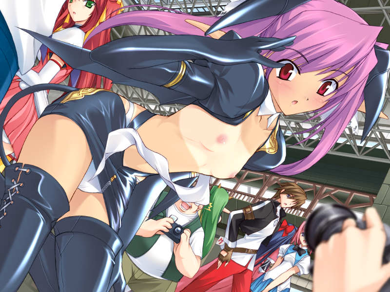 onigirikun, escalayer, kouenji sayuka, phil ehart, 5pb., choukou (alicesoft), choukou tenshi escalayer, pastel chime, pastel chime continue, game cg, 2boys, 5girls, bat wings, bent over, bikini tan, blush, camera, convention, cosplay, elbow gloves, flat chest, gloves, long hair, miniskirt, multiple boys, multiple girls, nipples, panties, pantyshot, pointy ears, public indecency, purple hair, red eyes, skirt, tail, tan, tanline, thighhighs, twintails, underwear, wardrobe malfunction, white panties, wings