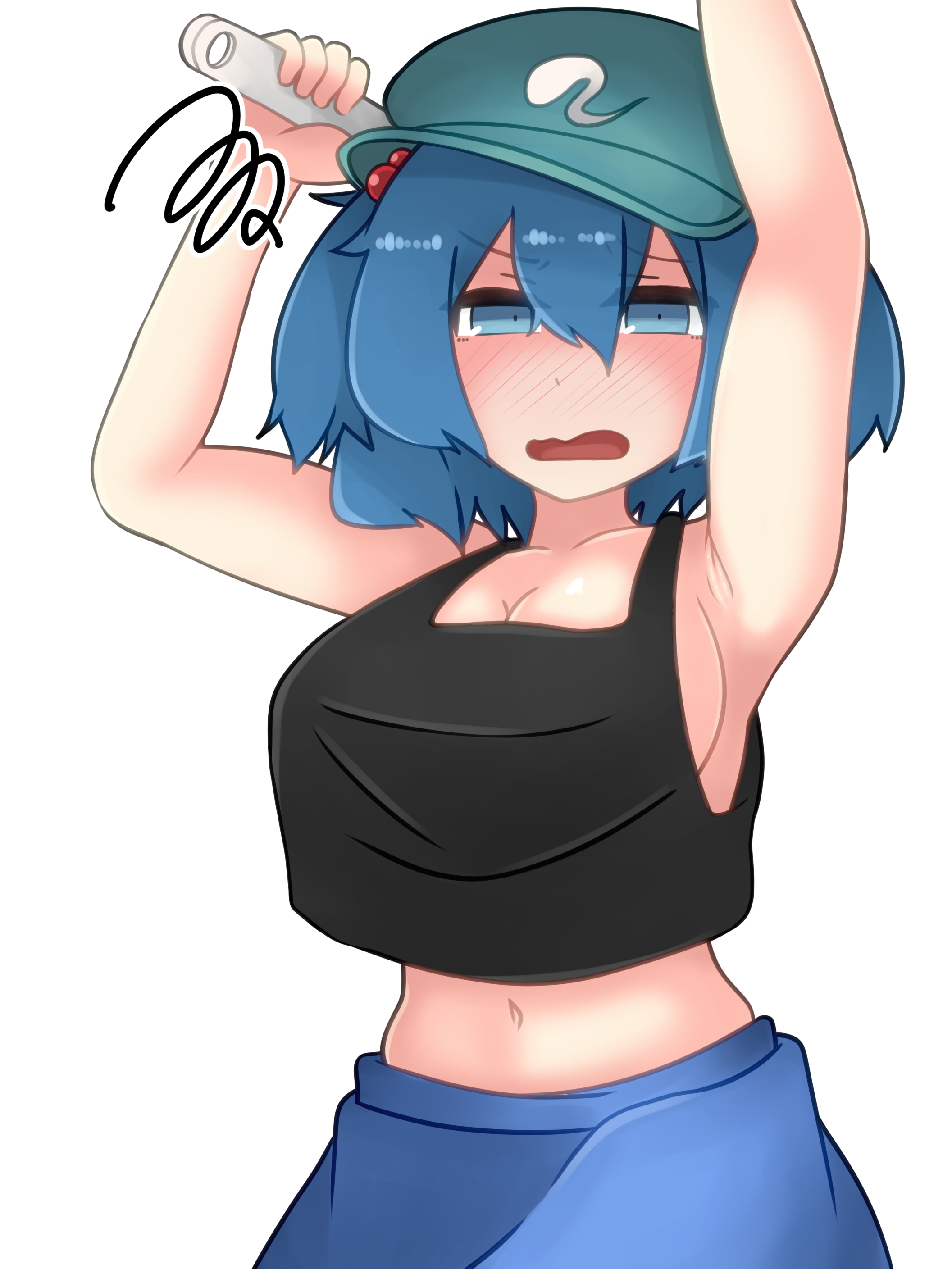 kawashiro nitori, touhou, absurdres, commentary request, highres, 1girl, alternate costume, armpits, black tank top, blue eyes, blue hair, blue skirt, blush, breasts, cowboy shot, green hat, hair bobbles, hair ornament, hat, holding, holding wrench, iron-akutabi, large breasts, looking at viewer, midriff, navel, newsboy cap, open mouth, short hair, simple background, skirt, solo, squiggle, tank top, two side up, white background, wrench