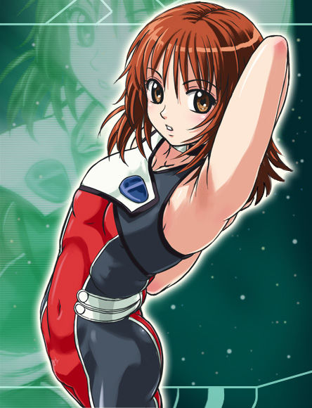 haruyama kazunori, mika seidou, geneshaft, uniform, 00s, 1girl, :o, arm behind head, arm up, armpits, blush, body blush, bodysuit, brown eyes, brown hair, choker, collarbone, embarrassed, fat mons, female focus, flat chest, glowing, hair between eyes, looking at viewer, looking back, navel, profile, short hair, skin tight, skindentation, sky, sleeveless, solo, space, standing, star (sky), starry sky, zoom layer