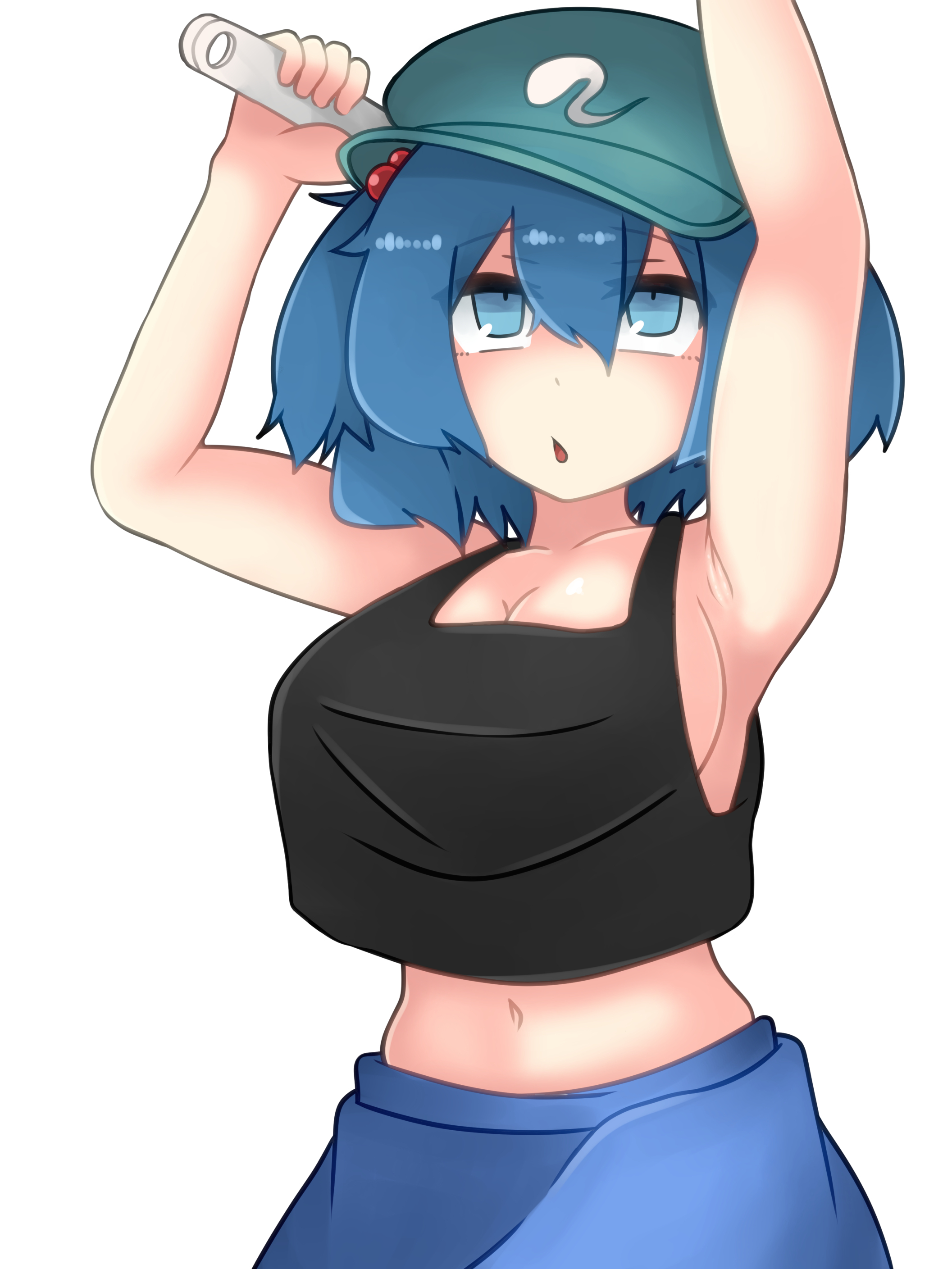kawashiro nitori, touhou, absurdres, commentary request, highres, 1girl, alternate costume, armpits, black tank top, blue eyes, blue hair, blue skirt, breasts, cowboy shot, green hat, hair bobbles, hair ornament, hat, holding, holding wrench, iron-akutabi, large breasts, looking up, midriff, navel, newsboy cap, open mouth, short hair, simple background, skirt, solo, tank top, two side up, white background, wrench