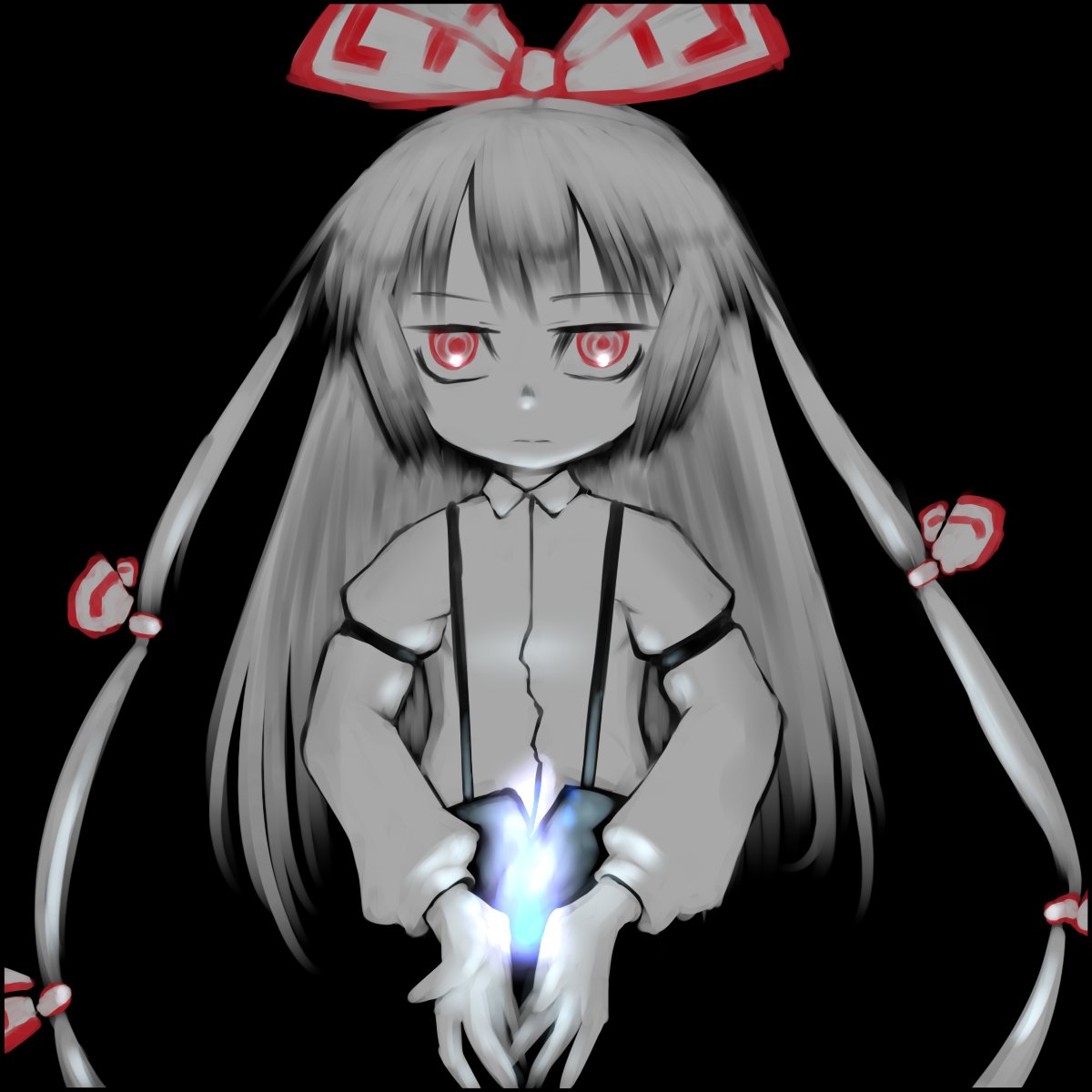 ogihara mach, fujiwara no mokou, touhou, light, bad id, bad pixiv id, highres, 1girl, black background, dark, female focus, long hair, monochrome, red eyes, ribbon, solo, spot color, standing, white hair