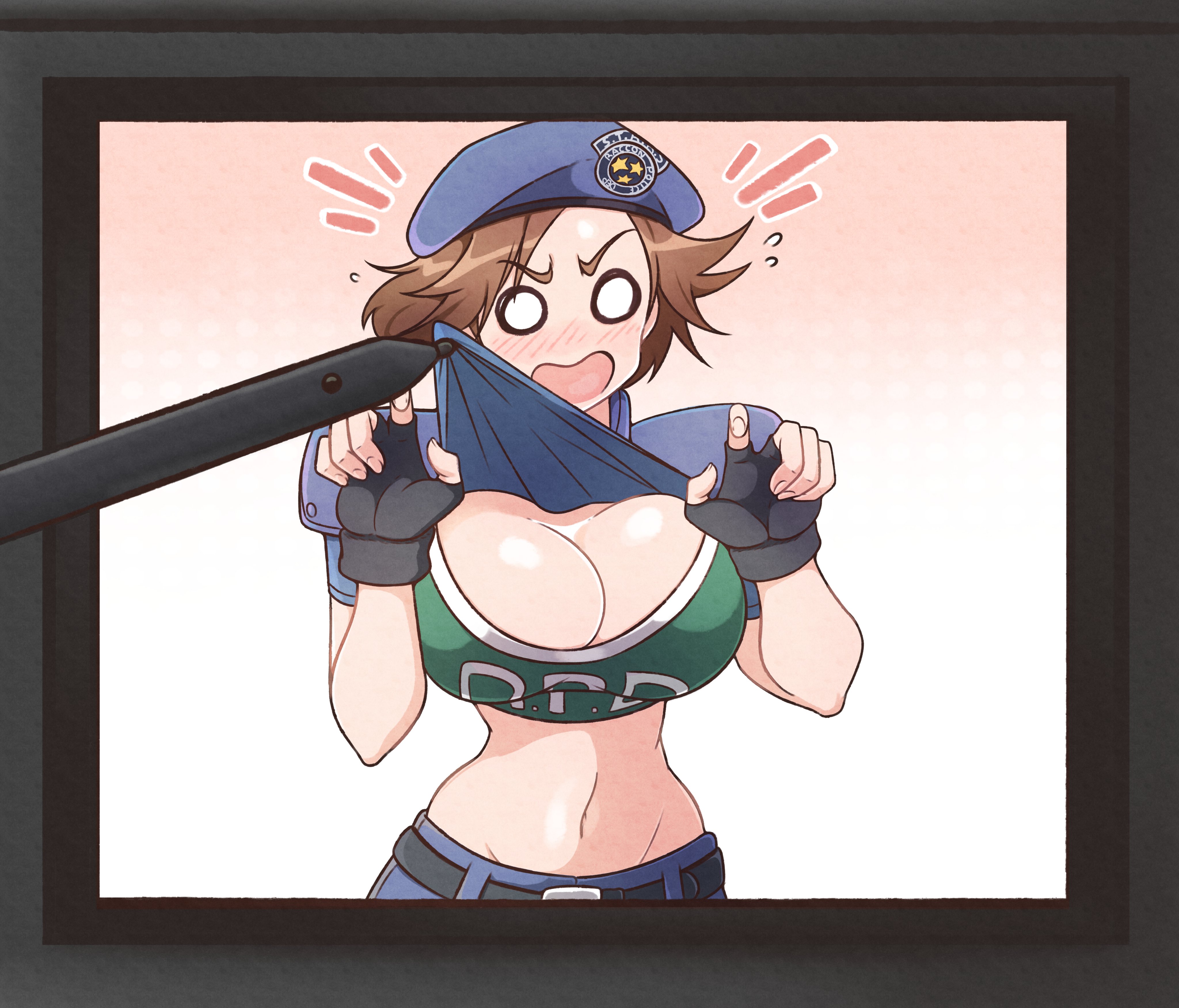 jeffmiga, jill valentine, capcom, resident evil, highres, 1girl, beret, blush, breasts, brown hair, bursting breasts, cleavage, clothes lift, curvy, fingerless gloves, fourth wall, gloves, handheld game console, hat, large breasts, legs, navel, nintendo ds, o o, open mouth, pants, police, police uniform, policewoman, short hair, solo, sports bra, surprised, thighs, tongue, white eyes