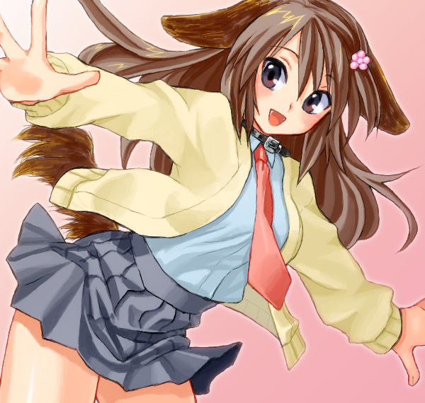 hikabe sakuho, original, 1girl, animal ears, blush, brown hair, collar, drawr, female focus, happy, jacket, long hair, necktie, oekaki, open mouth, outstretched arms, pleated skirt, skirt, smile, solo, spread arms, tail