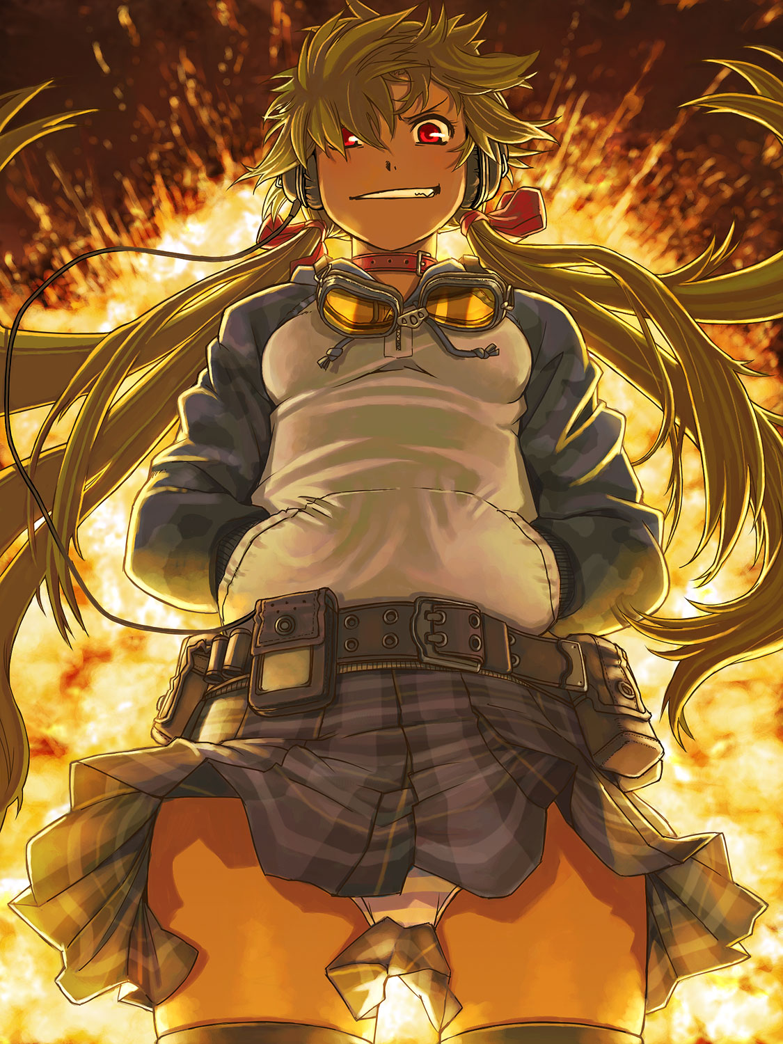 itou (onsoku tassha), original, highres, 1girl, angry, belt, black thighhighs, blonde hair, blue panties, choker, collar, digital media player, explosion, fiery background, fire, from below, goggles, grin, hair over one eye, hair ribbon, hands in pockets, headphones, hood, hoodie, long hair, looking at viewer, looking down, messy hair, panties, pantyshot, plaid clothes, plaid skirt, raglan sleeves, red eyes, ribbon, skirt, smile, standing, striped clothes, striped panties, thighhighs, twintails, underwear, upskirt, wind, wind lift