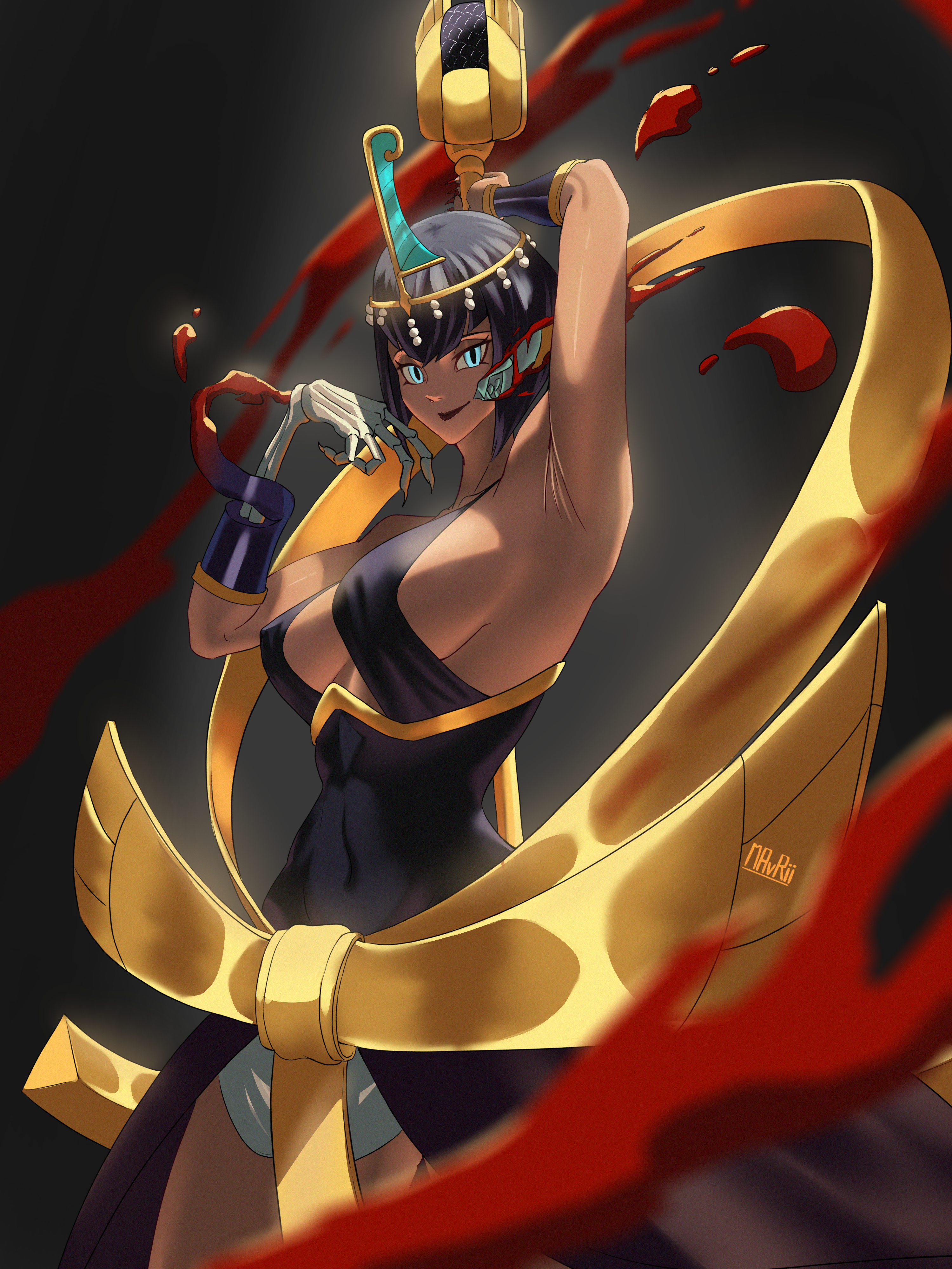 mavrii, eliza (skullgirls), sekhmet (skullgirls), skullgirls, 1girl, arms up, black hair, blood, blue eyes, bob cut, breasts, cowboy shot, dark-skinned female, dark skin, grey background, large breasts, looking at viewer, microphone, short hair, sideboob, skeletal arm, smile, solo, tiara, vambraces
