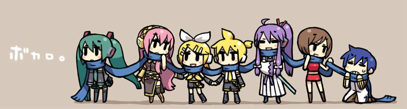 chan co, hatsune miku, kagamine len, kagamine rin, kaito (vocaloid), kamui gakupo, megurine luka, meiko (vocaloid), vocaloid, long image, wide image, 3boys, 4girls, blue scarf, brown background, chibi, copyright name, high ponytail, holding hands, miniskirt, multiple boys, multiple girls, ponytail, scarf, shared clothes, shared scarf, simple background, skirt, standing, strangling, thighhighs
