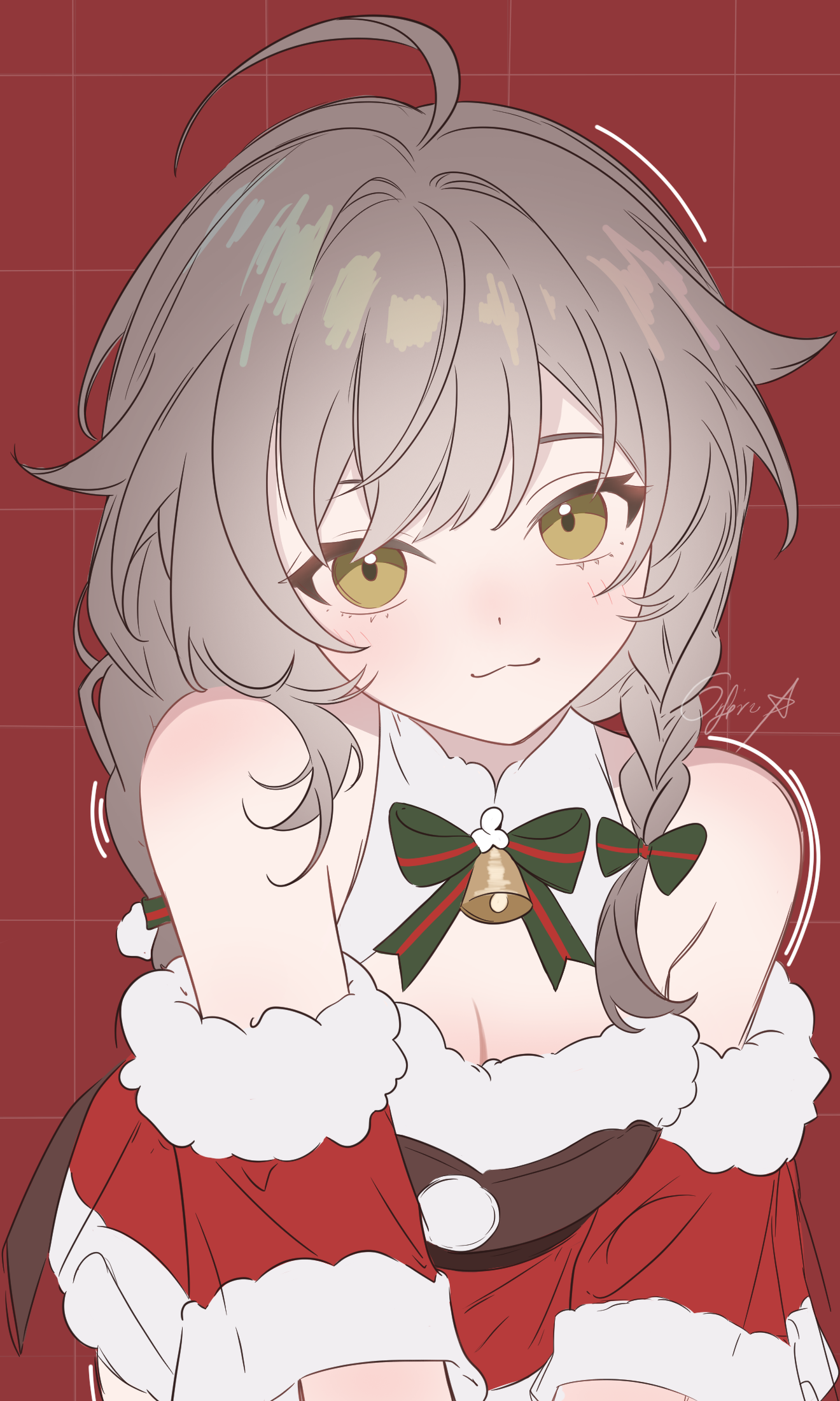 noire neige, kokona (strinova), strinova, highres, 1girl, :3, ahoge, bare shoulders, bell, bow, braid, breasts, brown hair, cleavage, detached sleeves, grid background, hair intakes, halterneck, long hair, looking at viewer, low twintails, medium breasts, off shoulder, orange eyes, red background, santa costume, sidelocks, simple background, smile, solo, swept bangs, twintails
