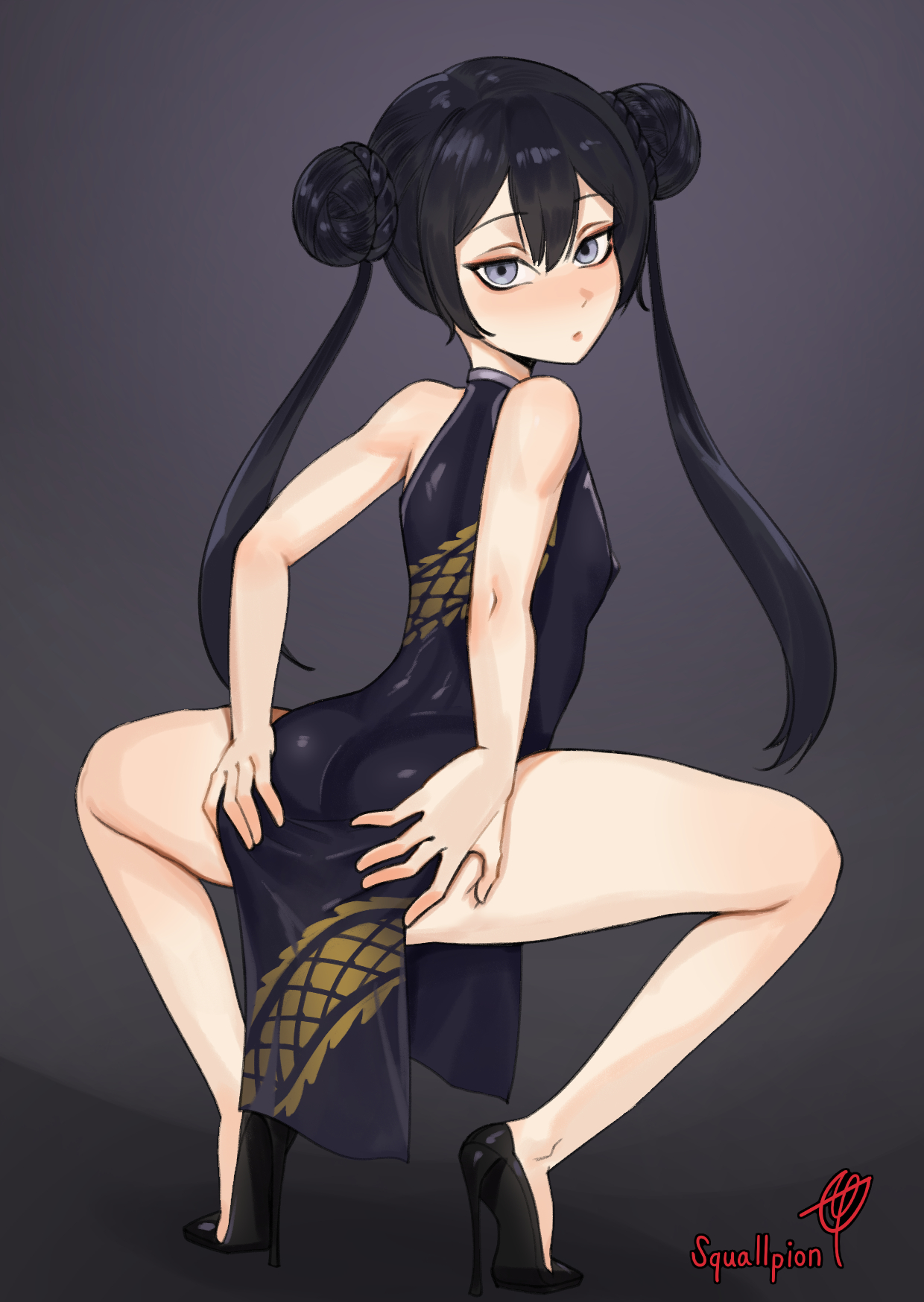 squallpion, kisaki (blue archive), blue archive, 1girl, ass, black hair, blue eyes, blush, breasts, chinese clothes, covered erect nipples, double bun, full body, grey background, grey eyes, hair bun, hands on own ass, high heels, looking at viewer, looking back, small breasts, solo, squatting, twintails