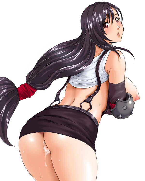 no name ninja, tifa lockhart, final fantasy, final fantasy vii, 1990s (style), 1girl, ass, black hair, blush, breasts, clothes lift, cum, cumdrip, female focus, huge breasts, large breasts, long hair, looking back, low-tied long hair, miniskirt, nipples, pencil skirt, ponytail, puffy nipples, retro artstyle, shirt lift, skirt, solo, suspender skirt, suspenders, sweat, very long hair