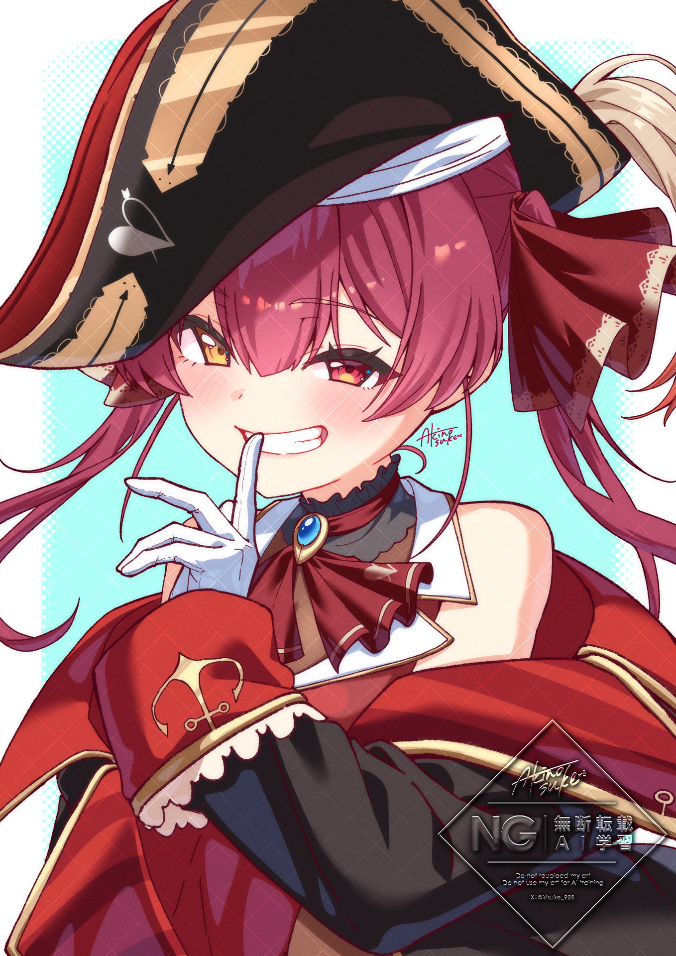 kisuke (nie), houshou marine, houshou marine (1st costume), hololive, highres, 1girl, black hat, black jacket, blush, cropped jacket, finger to mouth, hat, heterochromia, jacket, leotard, leotard under clothes, long hair, looking at viewer, pirate hat, red eyes, red hair, red jacket, red ribbon, ribbon, sleeveless, sleeveless jacket, smile, solo, twintails, virtual youtuber, yellow eyes