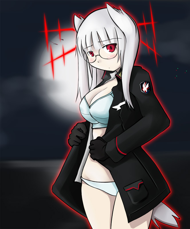 tanaka rikimaru, heidimarie w. schnaufer, strike witches, world witches series, uniform, bad id, bad pixiv id, 00s, 1girl, animal ears, blush, female focus, glasses, gloves, head wings, hirschgeweih antennas, magic, panties, red eyes, solo, tail, underwear, wings