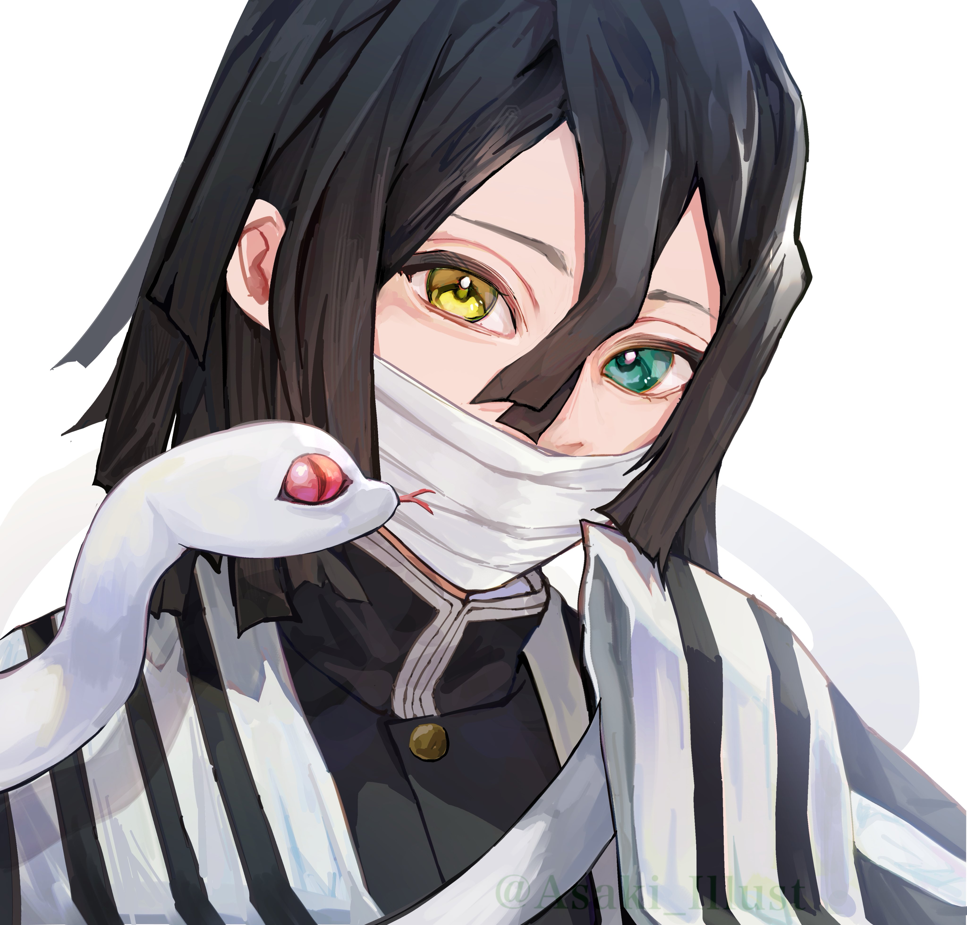 asaki illust, iguro obanai, kaburamaru, kimetsu no yaiba, absurdres, commentary request, highres, 1boy, black hair, blunt ends, demon slayer uniform, earrings, forked tongue, hair between eyes, haori, heterochromia, high collar, japanese clothes, jewelry, looking at viewer, male focus, medium hair, snake, solo, tongue, twitter username, white background