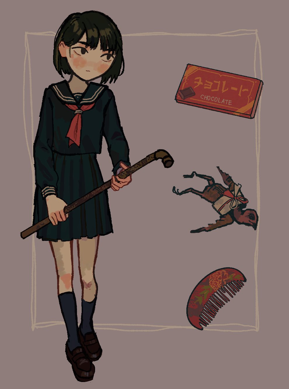 io (onisarashi), shimizu hinako, silent hill (series), silent hill f, highres, 1girl, :|, bird, black eyes, black hair, black sailor collar, black serafuku, black shirt, black skirt, blush, bob cut, border, box, box of chocolates, broken, brown bird, brown shoes, chocolate, closed mouth, comb, expressionless, full body, grey background, grey border, holding, holding lead pipe, holding weapon, improvised weapon, lead pipe, loafers, loose hair strand, neckerchief, outside border, pleated skirt, red neckerchief, romaji commentary, rust, sailor collar, school uniform, serafuku, shirt, shoes, short hair, skirt, solo, walking, weapon