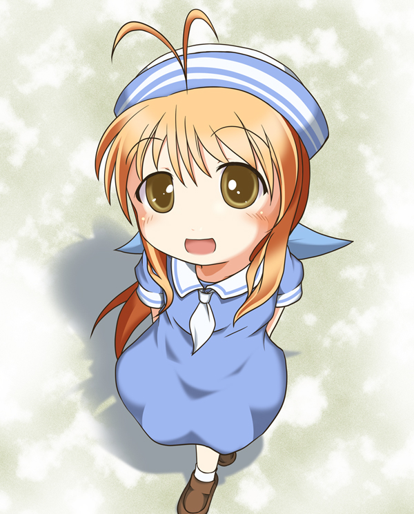 sch, furukawa sanae, okazaki ushio, clannad, bad id, bad pixiv id, 1girl, ascot, brown eyes, brown hair, brown shoes, cosplay, dixie cup hat, dress, female focus, hat, long hair, military hat, okazaki ushio (cosplay), ponytail, sailor, sailor collar, sailor dress, shoes, solo