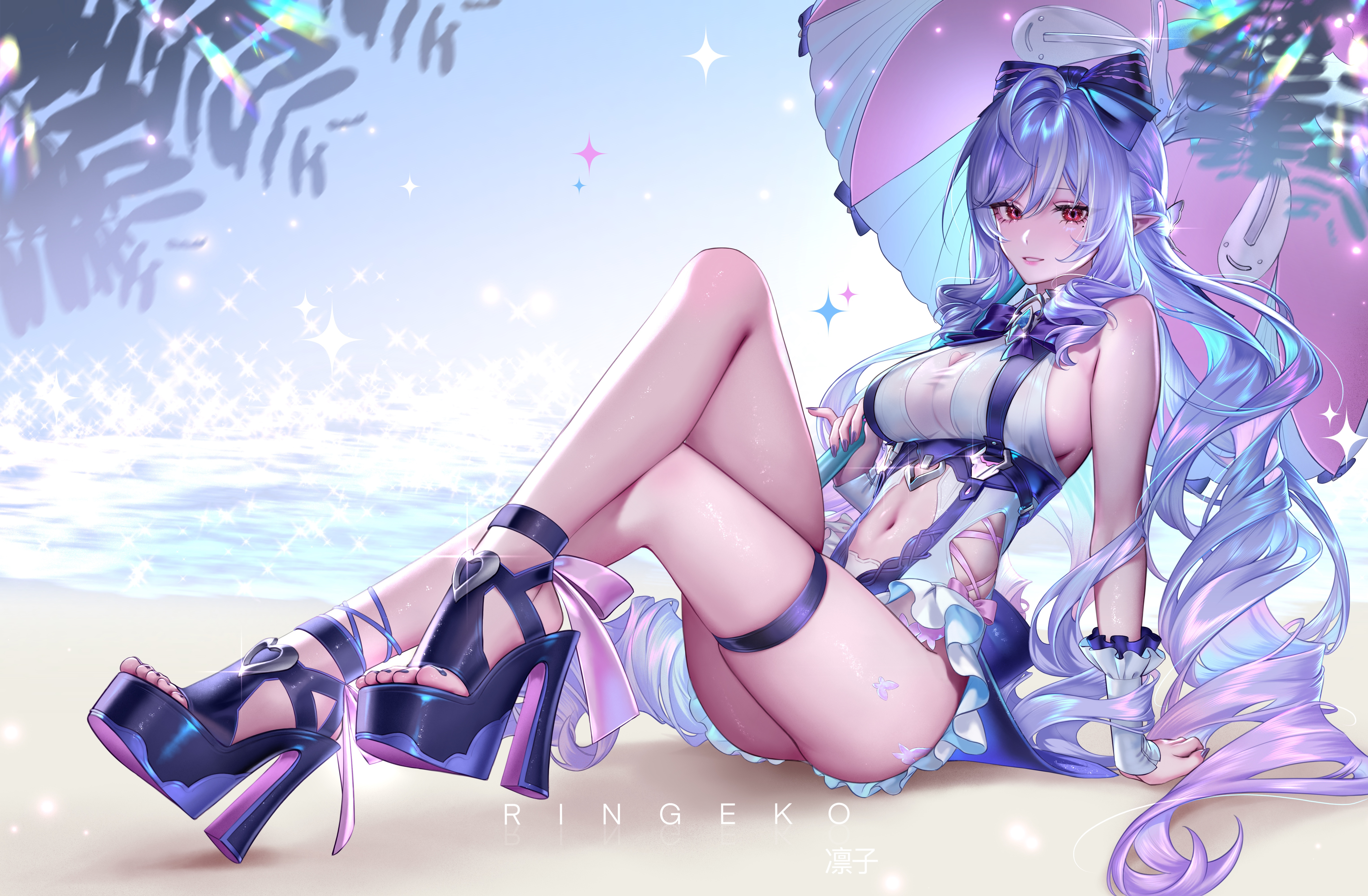 ringeko-chan, vivian banshee, vivian banshee (iris of the shore), zenless zone zero, absurdres, commentary, highres, 1girl, artist name, bare shoulders, bow, breasts, clothing cutout, crossed legs, feet, fingernails, full body, hair bow, heart cutout, high heel sandals, holding, holding umbrella, large breasts, long hair, looking at viewer, mole, mole under eye, nail polish, navel, official alternate skin color, one-piece swimsuit, outdoors, parasol, parted lips, pointy ears, purple bow, purple hair, purple nails, purple sandals, red eyes, sandals, sideboob, sidelocks, sitting, solo, stomach, stomach cutout, swimsuit, thigh strap, thighs, toenail polish, toenails, toes, umbrella, very long hair, white one-piece swimsuit
