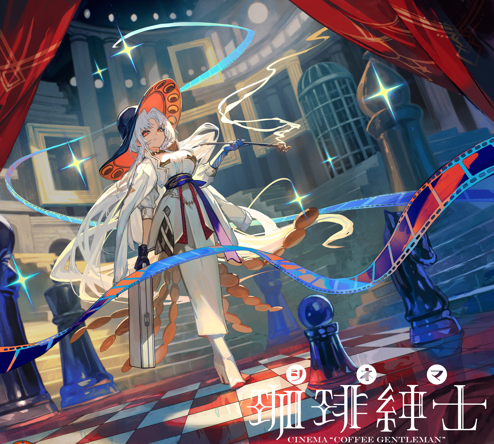 lack, original, highres, 1girl, black gloves, boots, breasts, chess piece, chessboard, dress, dutch angle, film strip, full body, gloves, hat, high heel boots, high heels, holding, holding smoking pipe, indoors, large breasts, long hair, looking at viewer, smoke, smoking pipe, sparkle, standing, very long hair, white boots, white dress, white hair