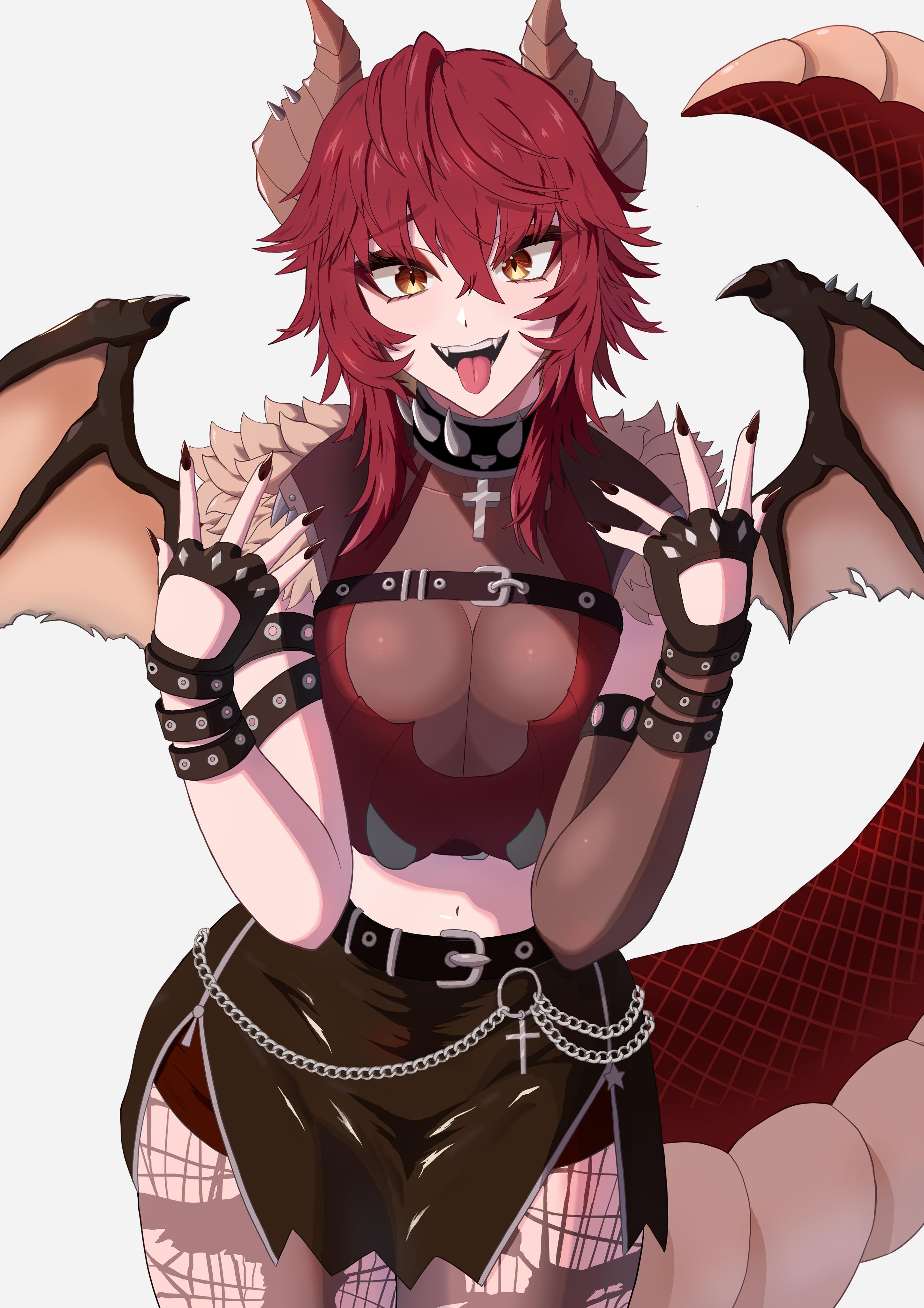 meibin, zentreya, zentreya (dragon), zentreya (dragon) (1st costume), vshojo, absurdres, highres, 1girl, black gloves, black nails, black skirt, breasts, cleavage, dragon girl, dragon horns, dragon tail, fingerless gloves, gloves, horns, large breasts, looking at viewer, nail polish, official alternate hair length, official alternate hairstyle, open mouth, pantyhose, red hair, red shirt, shirt, short hair, skirt, smile, solo, tail, tongue, tongue out, torn clothes, torn pantyhose, virtual youtuber, yellow eyes