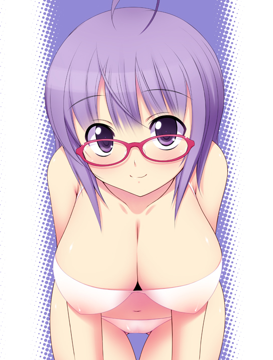 shiou tsuyukusa, original, 1girl, ahoge, bikini, breasts, cleavage, female focus, glasses, large breasts, leaning forward, nipples, purple eyes, purple hair, see-through clothes, short hair, smile, solo, swimsuit, thigh gap