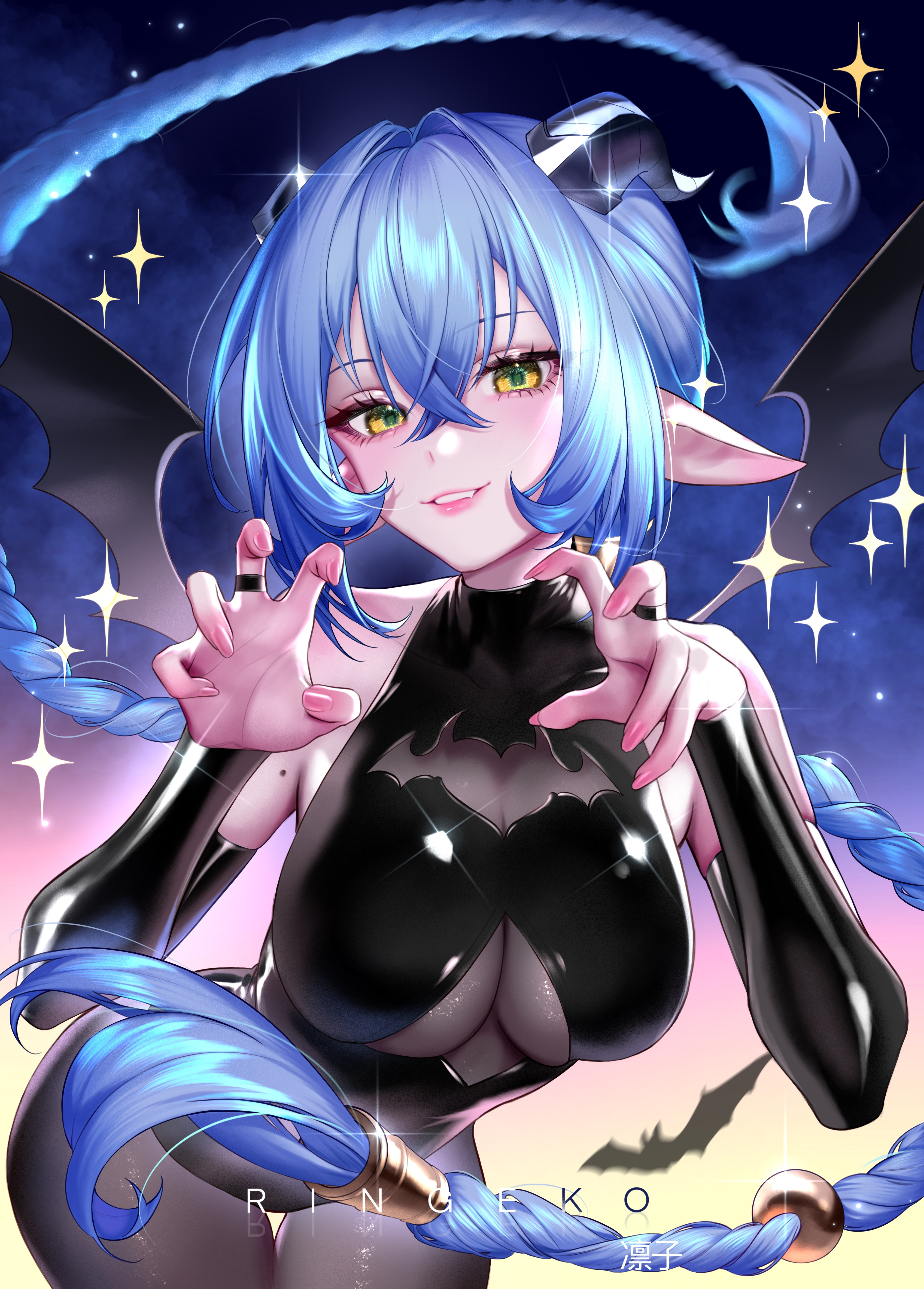 ringeko-chan, zenless zone zero, absurdres, commentary, highres, 1girl, alternate costume, artist name, bare shoulders, bat (animal), black leotard, black pantyhose, blue hair, breasts, claw pose, cleavage cutout, clothing cutout, cowboy shot, demon horns, demon wings, fingernails, hair between eyes, hair intakes, hands up, horns, large breasts, leotard, long hair, looking at viewer, lucia elowen, pantyhose, parted lips, pointy ears, smile, solo, star (symbol), thigh gap, very long hair, wings, yellow eyes
