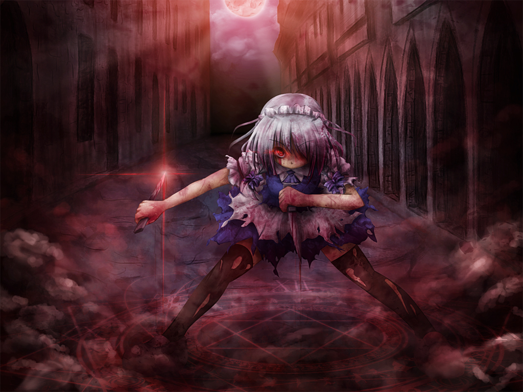 akashio (loli ace), izayoi sakuya, embodiment of scarlet devil, touhou, silver hair, bad id, bad pixiv id, 1girl, blood, braid, dual wielding, female focus, glowing, glowing eyes, hexagram, holding, knife, magic circle, maid, moon, red eyes, short hair, solo, throwing knife, torn clothes, twin braids, weapon