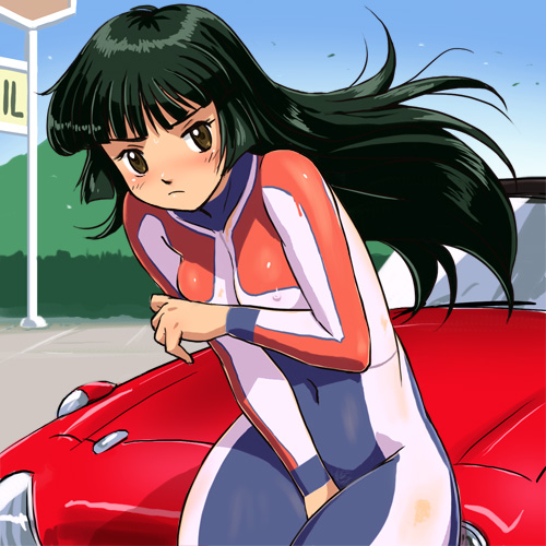 haruyama kazunori, ono reiko, toyota, yoroshiku mechadock, lowres, 1girl, blush, bodypaint, breasts, car, covering crotch, covering privates, false clothes, female focus, green hair, long hair, looking at viewer, motor vehicle, naked paint, nude, nude cover, outdoors, painted clothes, small breasts, solo, toyota sports 800