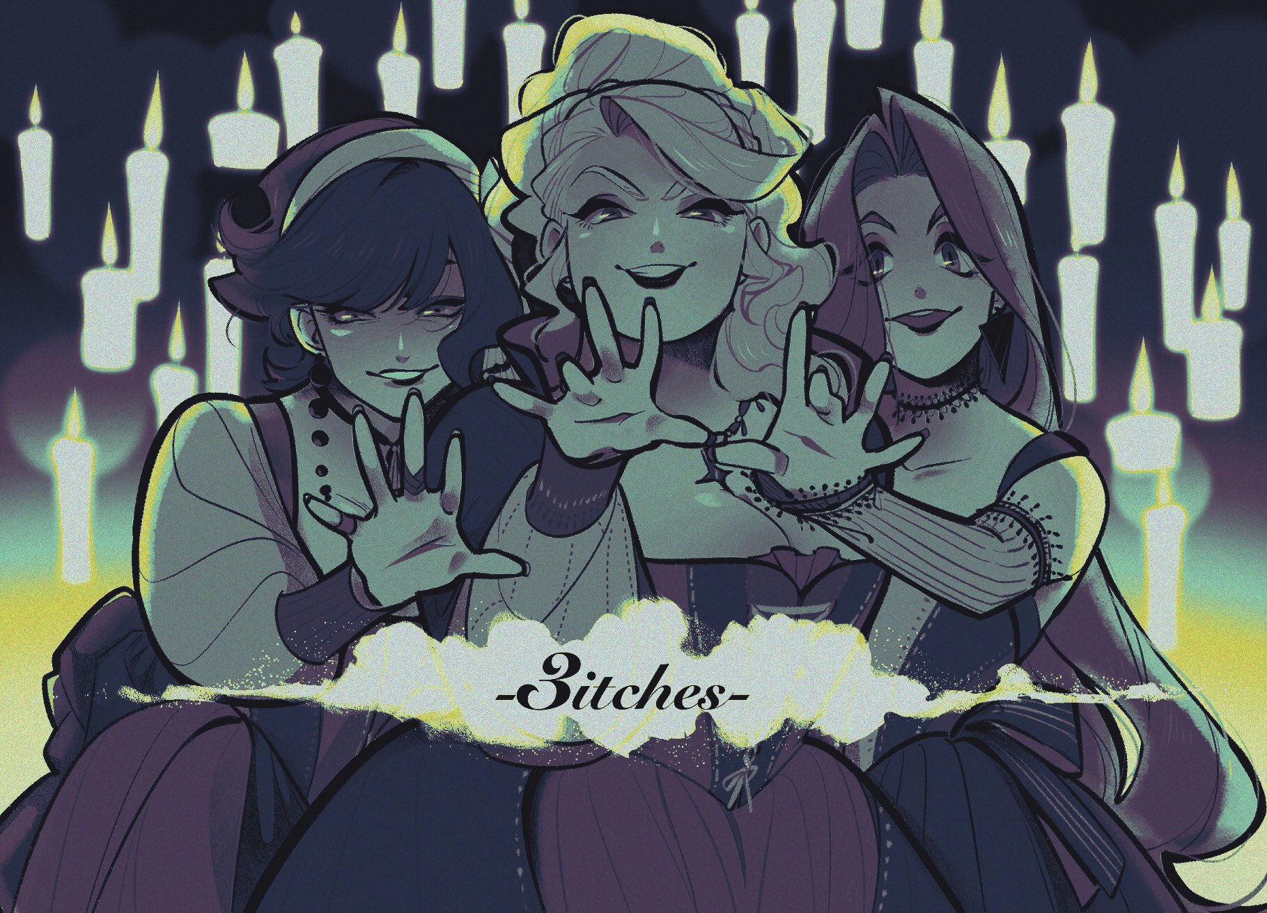 tweetyq1961, commentary, highres, symbol-only commentary, 3girls, 3itches, black hair, black lips, blonde hair, blunt bangs, candle, choker, copyright name, cowboy shot, cross-laced clothes, dress, earrings, hairband, jewelry, long hair, multiple girls, olivia (3itches), ponytail, short hair, teeth, tina (3itches), upper teeth only, vivian (3itches)