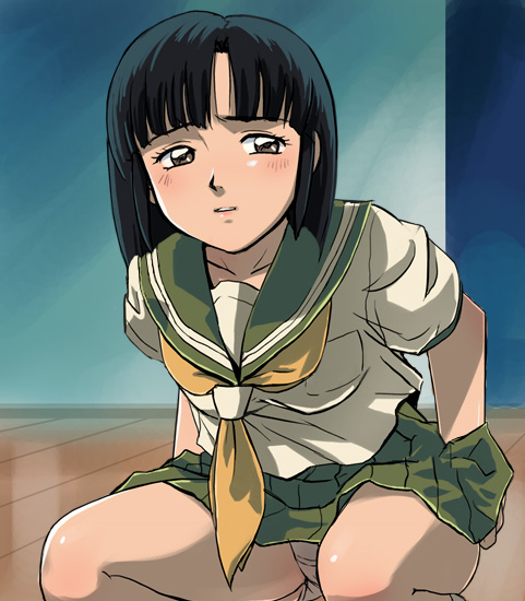 haruyama kazunori, sagara mariko, ganbarist! shun, 1990s (style), 1girl, female focus, panties, pantyshot, retro artstyle, school uniform, serafuku, short hair, solo, squatting, underwear