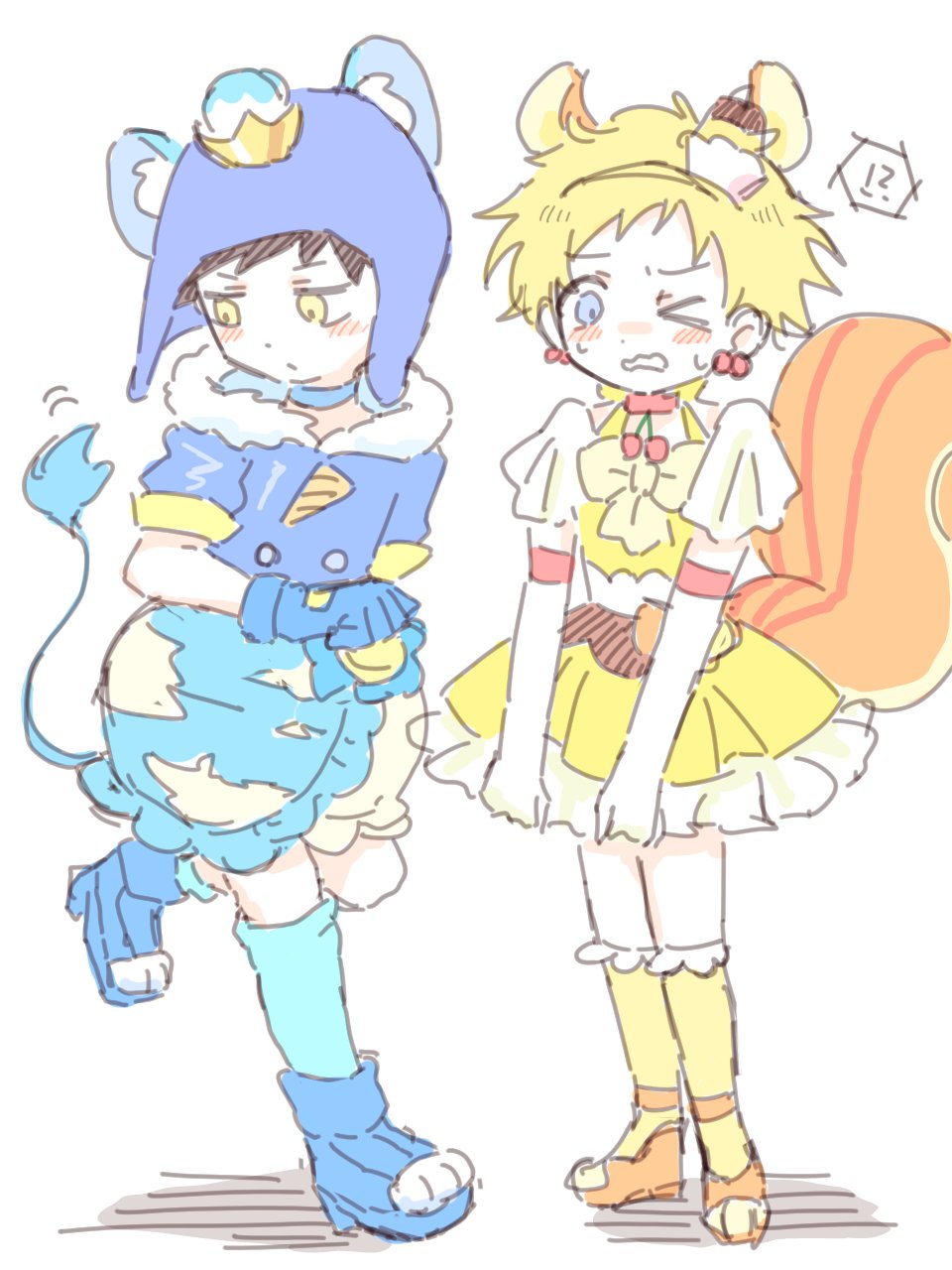 craig tucker, cure custard, cure gelato, tweek tweak, kirakira precure a la mode, precure, south park, highres, 2boys, animal ears, black hair, blue eyes, blue gloves, blue hat, bow, cherry, cherry earrings, choker, closed mouth, cosplay, crossdressing, crown, cure custard (cosplay), cure gelato (cosplay), earrings, elbow gloves, food, food-themed earrings, food-themed hair ornament, food themed earrings, frills, fruit, fur trim, gloves, gold crown, hair ornament, hat, headband, jewelry, kemonomimi mode, layered skirt, lion ears, lion tail, magical boy, male focus, mintora, multiple boys, nervous sweating, one eye closed, paw shoes, pointed crown, pudding hair ornament, puffy sleeves, short hair, skirt, squirrel boy, squirrel ears, squirrel tail, sweat, tail, white gloves, yellow eyes