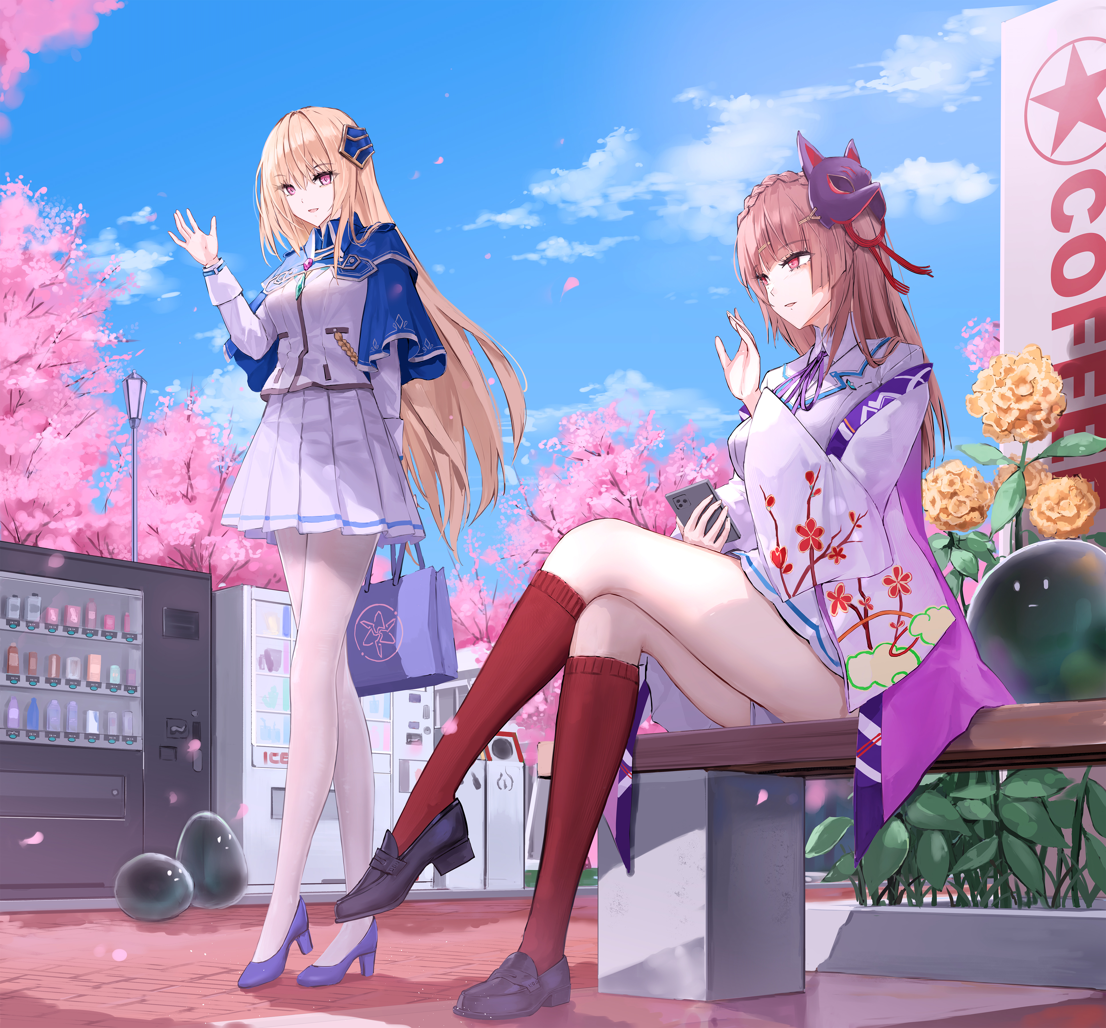 yuzuriha (atelier liang), kiryuu miya, shirakawa yuina, heaven burns red, absurdres, commission, commissioner upload, highres, 2girls, arm behind back, bag, bench, blonde hair, blue bow, blue capelet, blue ribbon, blue sky, blunt bangs, bow, braid, breasts, brown hair, bus stop, capelet, cellphone, cherry blossoms, cloud, collared shirt, crossed legs, crown braid, day, floral print, flower, fox mask, full body, hair ornament, hand up, high heels, holding, holding bag, holding phone, jacket, japanese clothes, kimono, kneehighs, legs, loafers, long hair, long sleeves, looking down, mask, mask on head, medium breasts, miniskirt, multiple girls, narby (heaven burns red), neck ribbon, on bench, open mouth, outdoors, panties, panties under pantyhose, pantyhose, pantyshot, parted lips, petals, phone, pink eyes, pleated skirt, purple eyes, red eyes, red ribbon, red socks, ribbon, school bag, school uniform, shirt, shoes, sitting, skirt, sky, smile, socks, standing, thighs, tree, underwear, vending machine, very long hair, waving, white jacket, white kimono, white panties, white pantyhose, white shirt, white skirt, wide sleeves