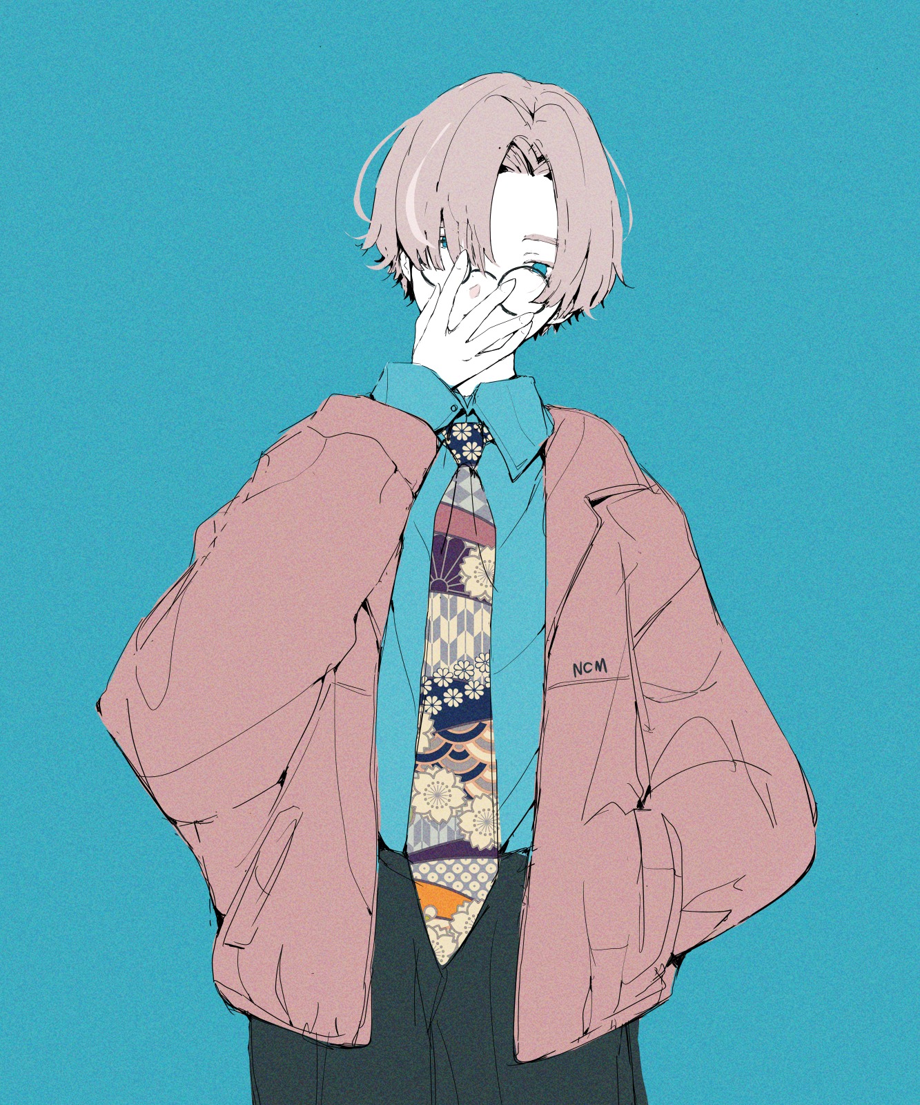 nocopyrightgirl, short hair fox girl (mdf an), original, highres, 1boy, fashion, hand in own panties, hand under clothes, hand under shorts, jacket, leather, leather jacket, looking up, male focus, necktie, open clothes, open jacket, pants, print necktie, red-framed eyewear, round eyewear, shorts, simple background