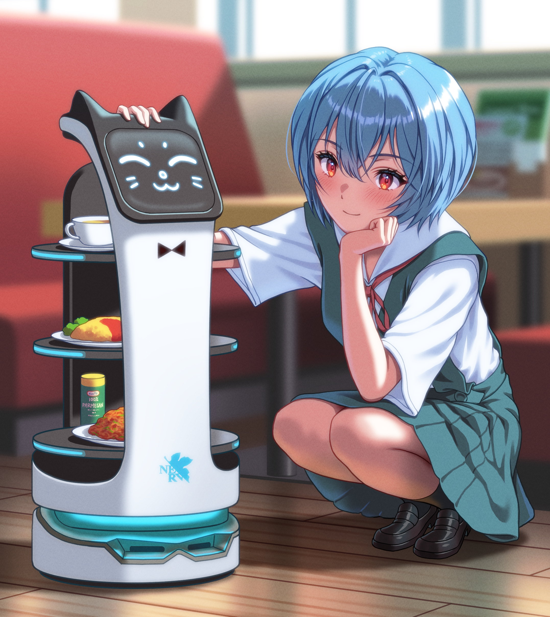 yahha, ayanami rei, bellabot, neon genesis evangelion, absurdres, commentary, highres, 1girl, :3, animal ears, bench, black shoes, black socks, blue hair, blue skirt, blurry, blurry background, blush, booth seating, bow, bowtie, breasts, canister, cat ears, closed mouth, collared shirt, cup, depth of field, drawn whiskers, dress shirt, elbow on knee, eyelashes, film grain, food, full body, hair between eyes, head rest, indoors, light smile, loafers, loose hair strand, medium breasts, neck ribbon, nerv, omelet, omurice, parmesan cheese, pasta, plate, pleated skirt, pudu robotics, red bow, red bowtie, red eyes, red ribbon, restaurant, ribbon, robot, robot cat, school uniform, shadow, shirt, shoes, short hair, skirt, smile, socks, solo, spaghetti, squatting, suspender skirt, suspenders, table, tea, teacup, tokyo-3 middle school uniform, white shirt, window, wooden floor