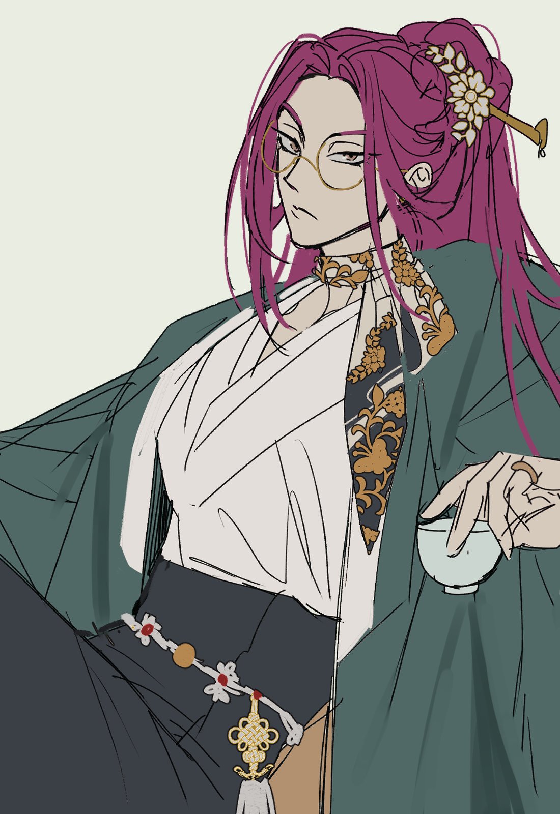 gugusam0, mira (kpop demon hunters), kpop demon hunters, commentary request, highres, korean commentary, 1girl, brown eyes, closed mouth, cup, expressionless, eyelashes, glasses, half updo, holding, holding cup, jewelry, pink hair, ring, sash, sidelocks, simple background, sitting, solo, white background