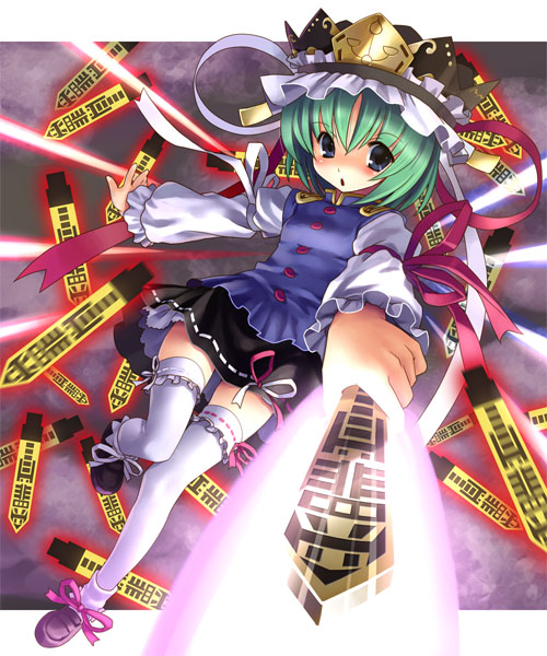 katahira masashi, shiki eiki, touhou, 1girl, female focus, full body, green hair, hat, rod of remorse, short hair, skirt, solo, thighhighs, white thighhighs